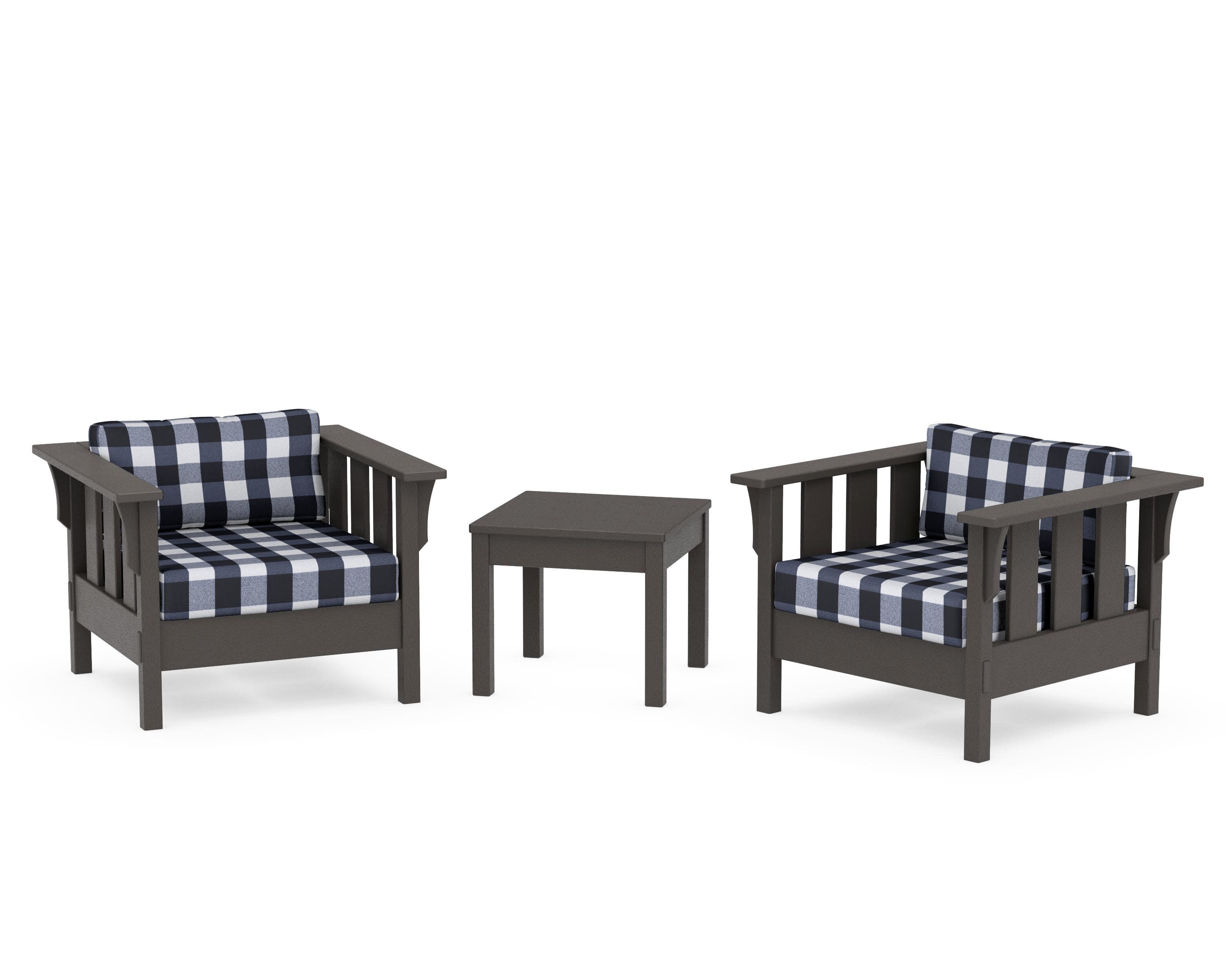 Acadia 3-Piece Deep Seating Set in Vintage Coffee / Buffalo Plaid Marine Indigo