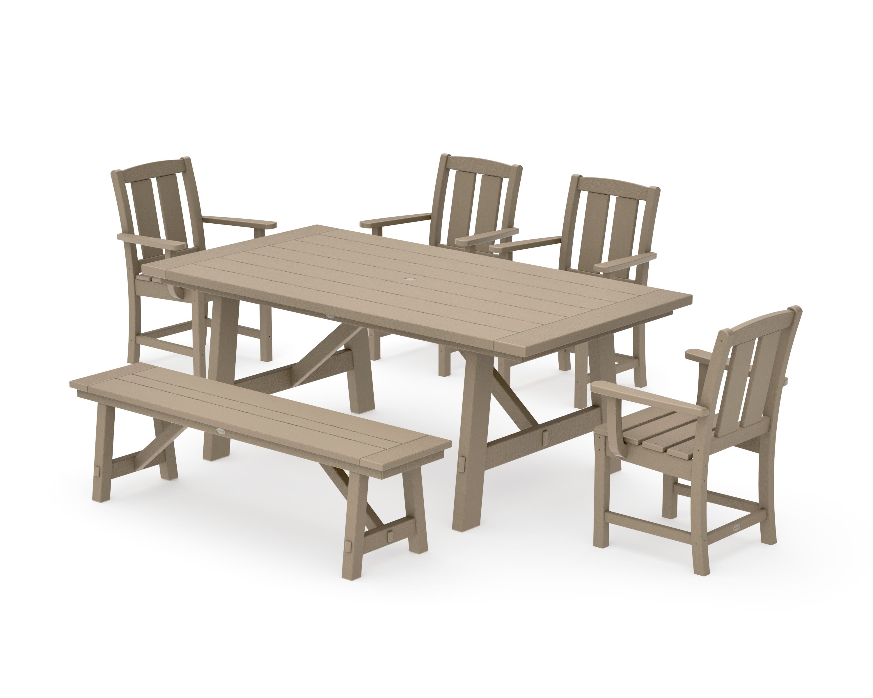 Mission 6-Piece Rustic Farmhouse Dining Set with Bench in Vintage Sahara
