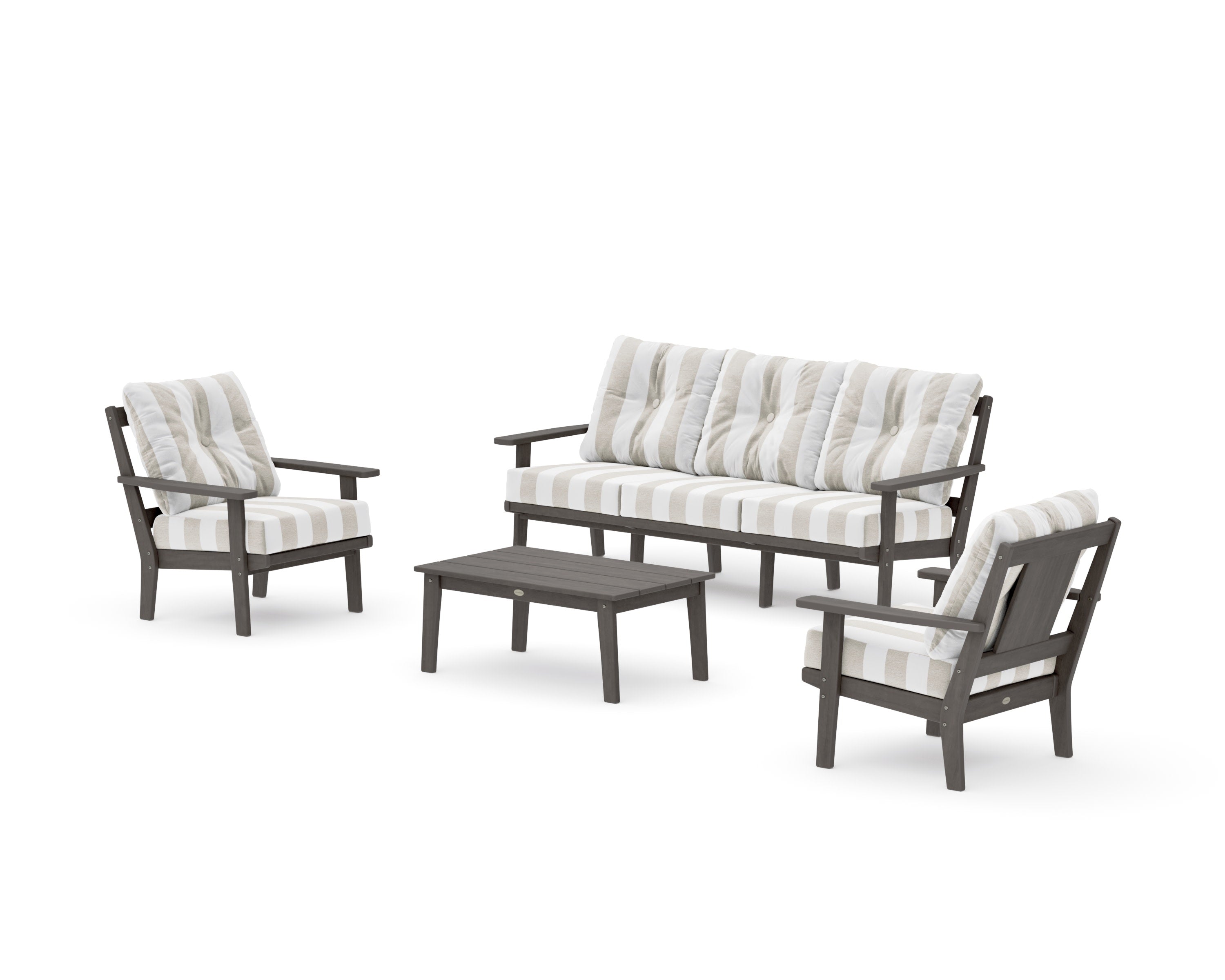 Prairie 4-Piece Deep Seating Set with Sofa in Driftwood / Cabana Stripe Dune Burlap