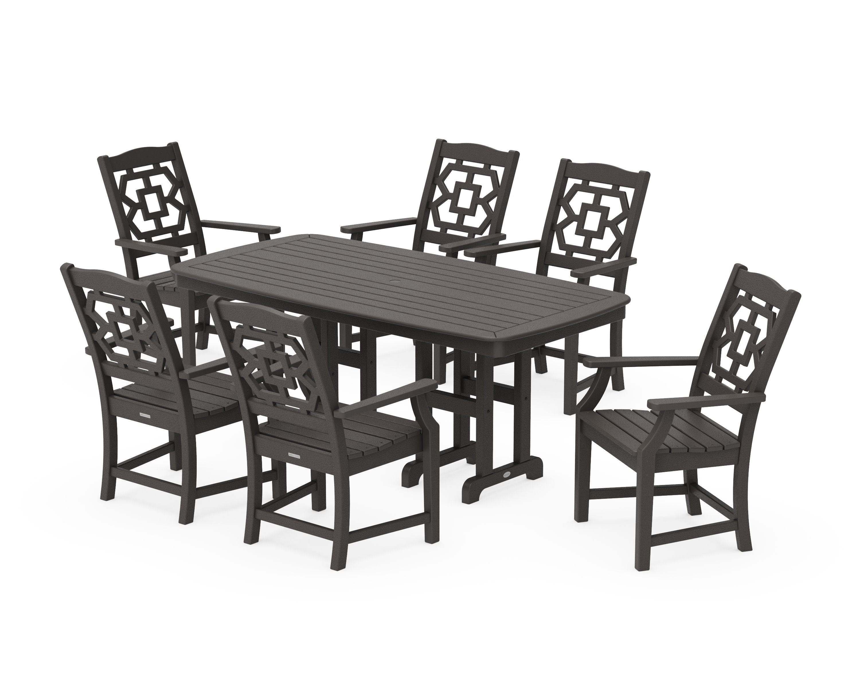 Chinoiserie Arm Chair 7-Piece Dining Set in Vintage Coffee