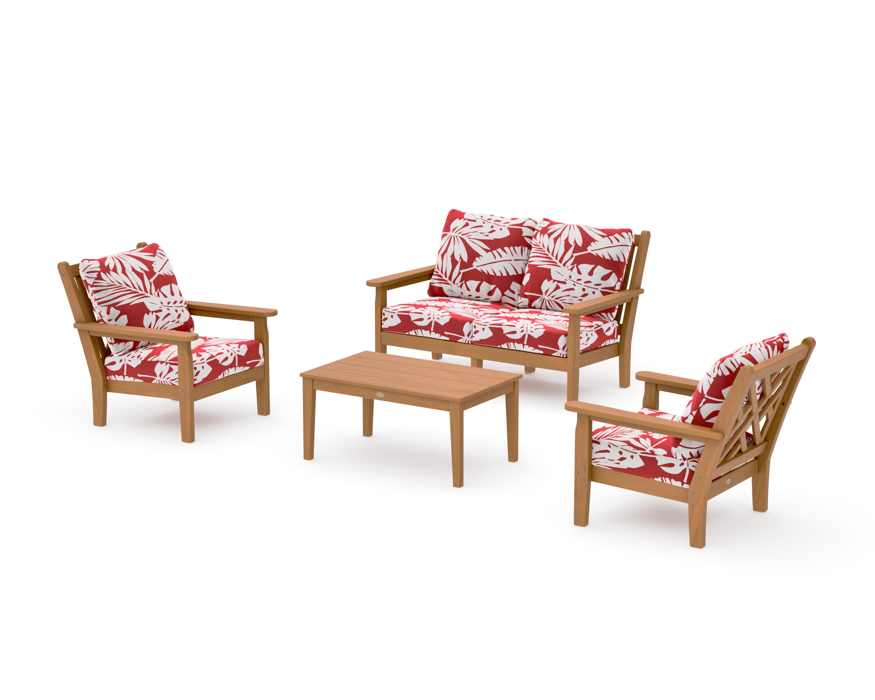 Chippendale 4-Piece Deep Seating Set with Loveseat in Natural / Leaf Crimson
