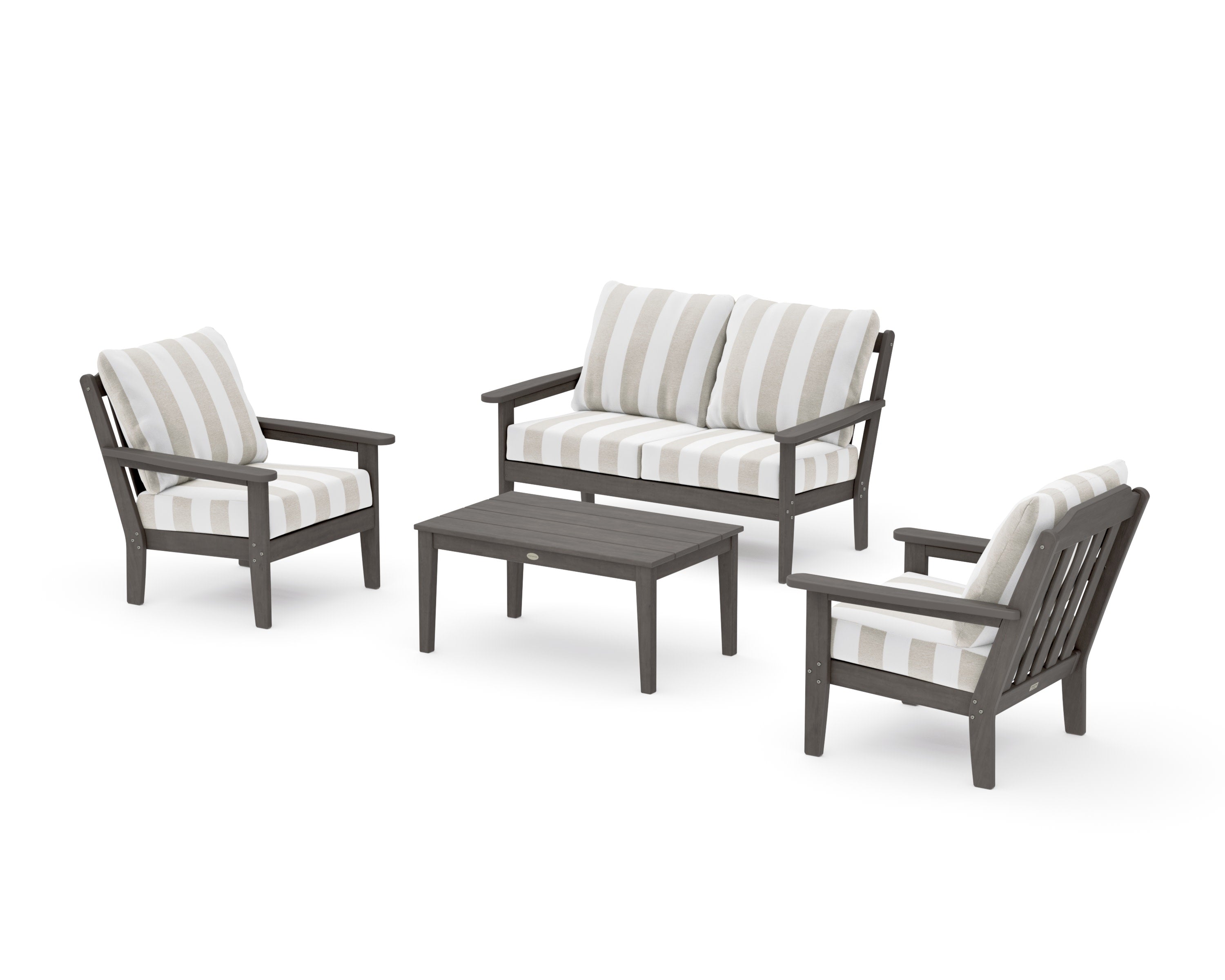 Cottage 4-Piece Deep Seating Set with Loveseat in Driftwood / Cabana Stripe Dune Burlap