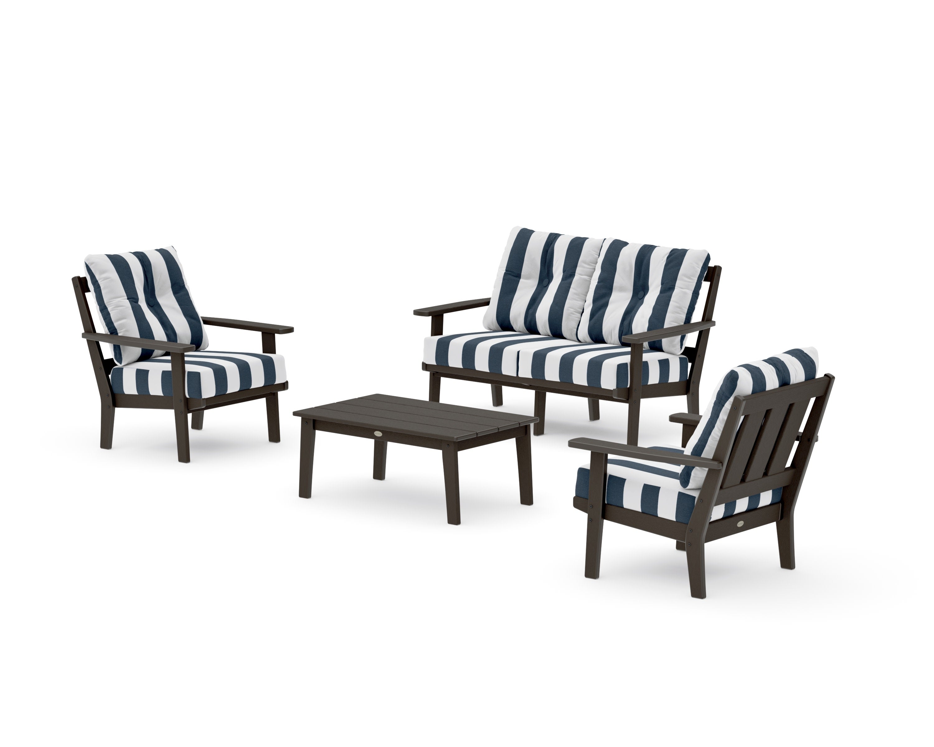 Oxford 4-Piece Deep Seating Set with Loveseat in Vintage Coffee / Cabana Stripe Marine Indigo
