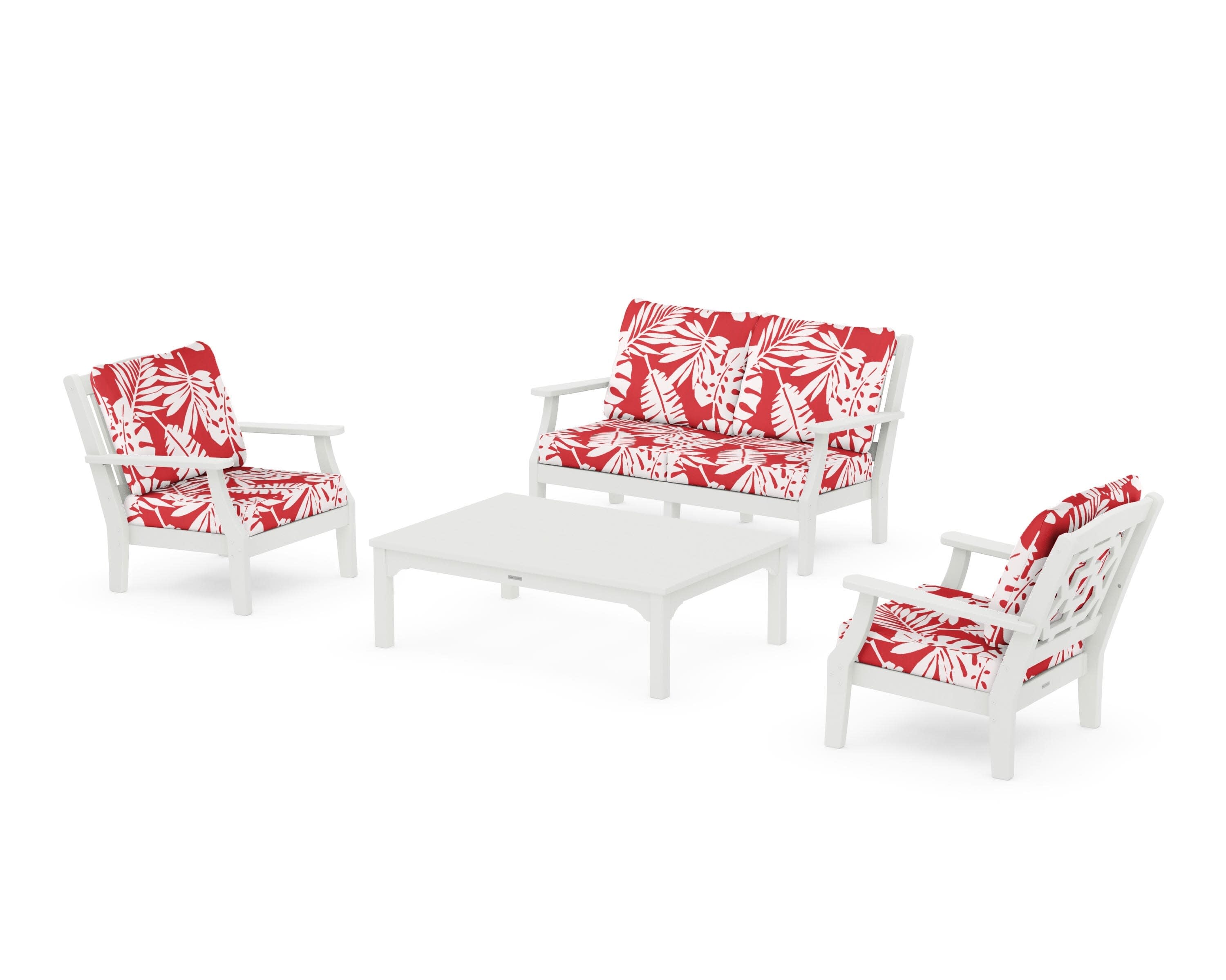 Chinoiserie 4-Piece Deep Seating Set with Loveseat in Vintage White / Leaf Crimson