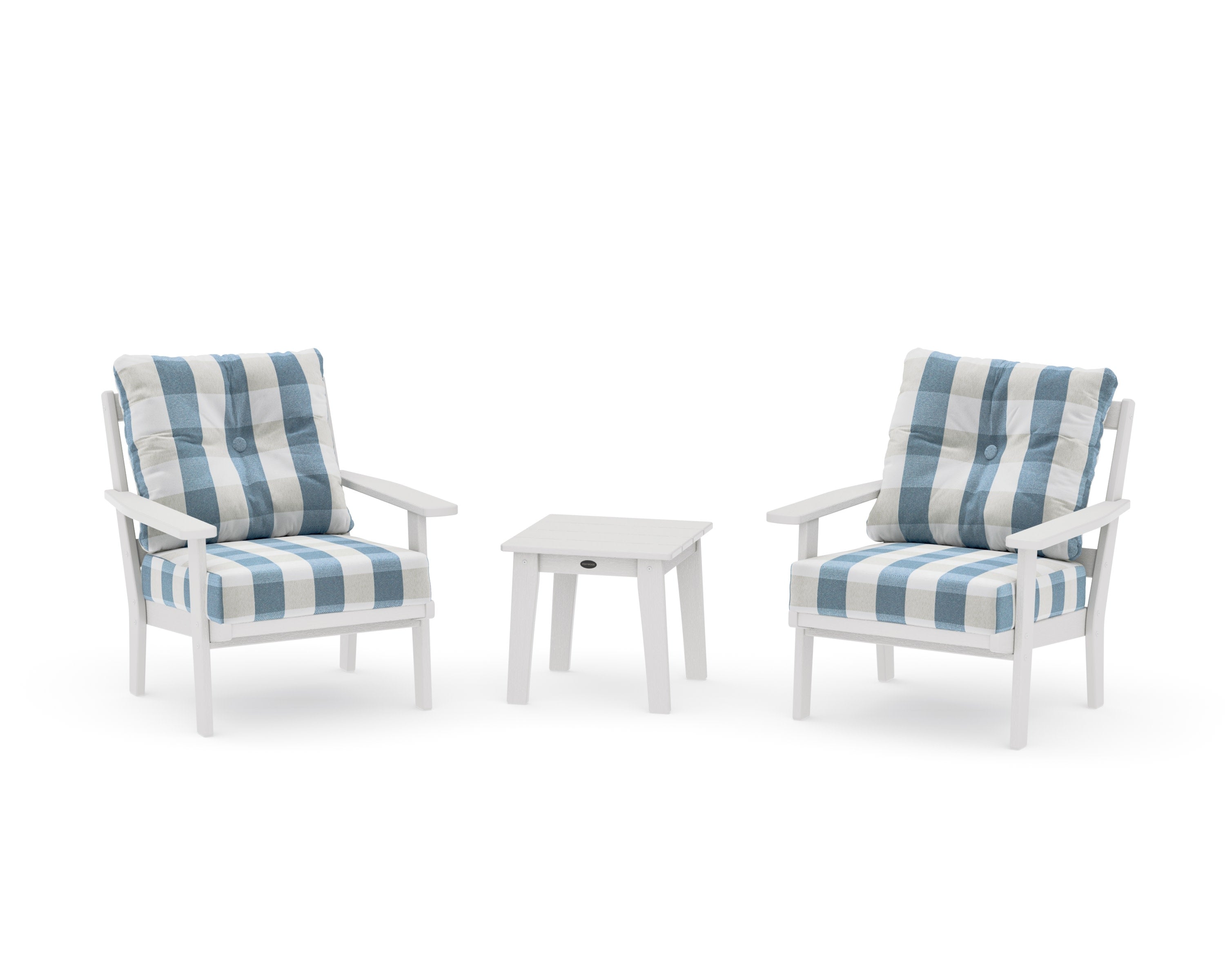 Oxford 3-Piece Deep Seating Set in Vintage White / Buffalo Plaid Sky Blue