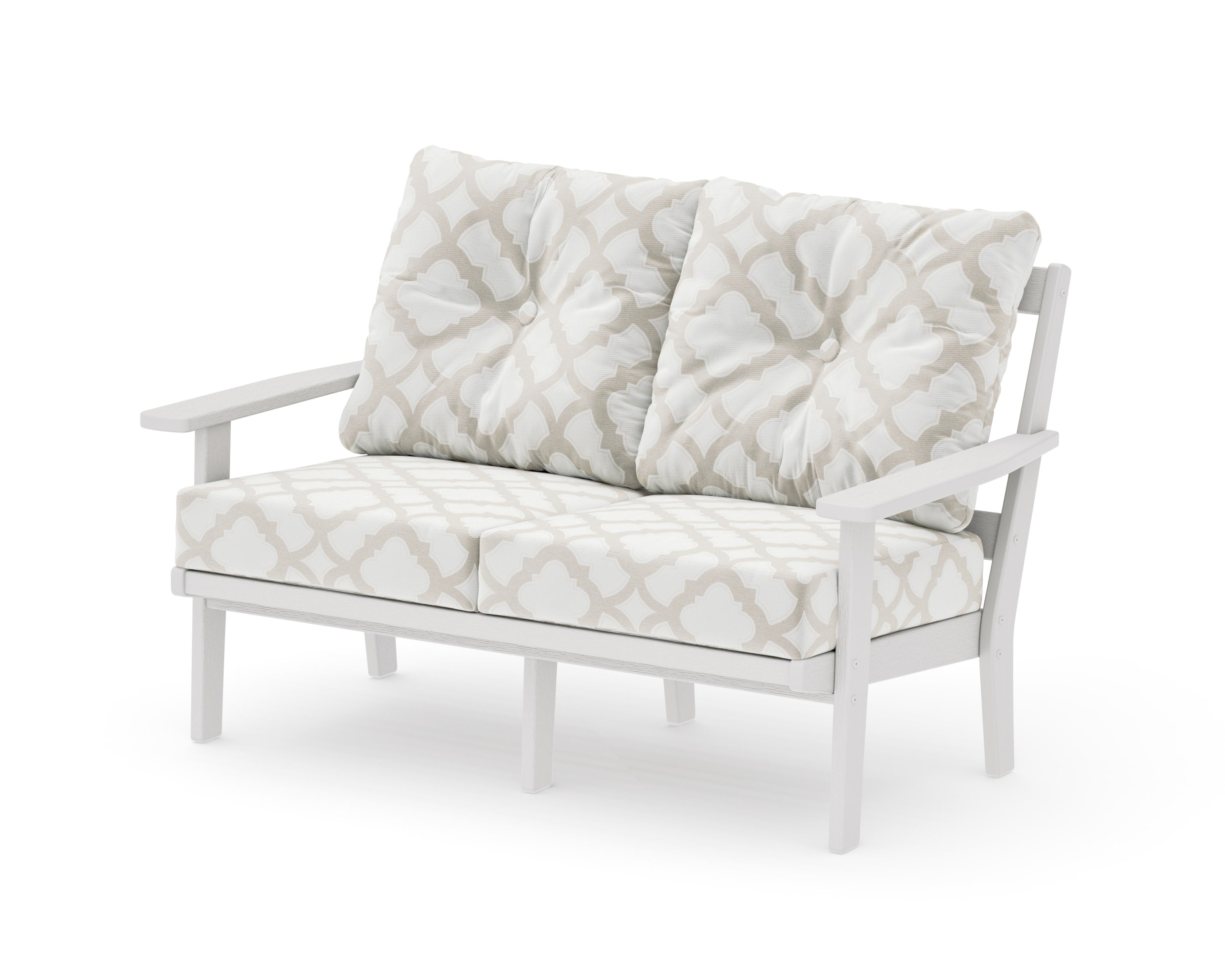 Prairie Deep SeatingLoveseat in Vintage White / Trellis Dune Burlap