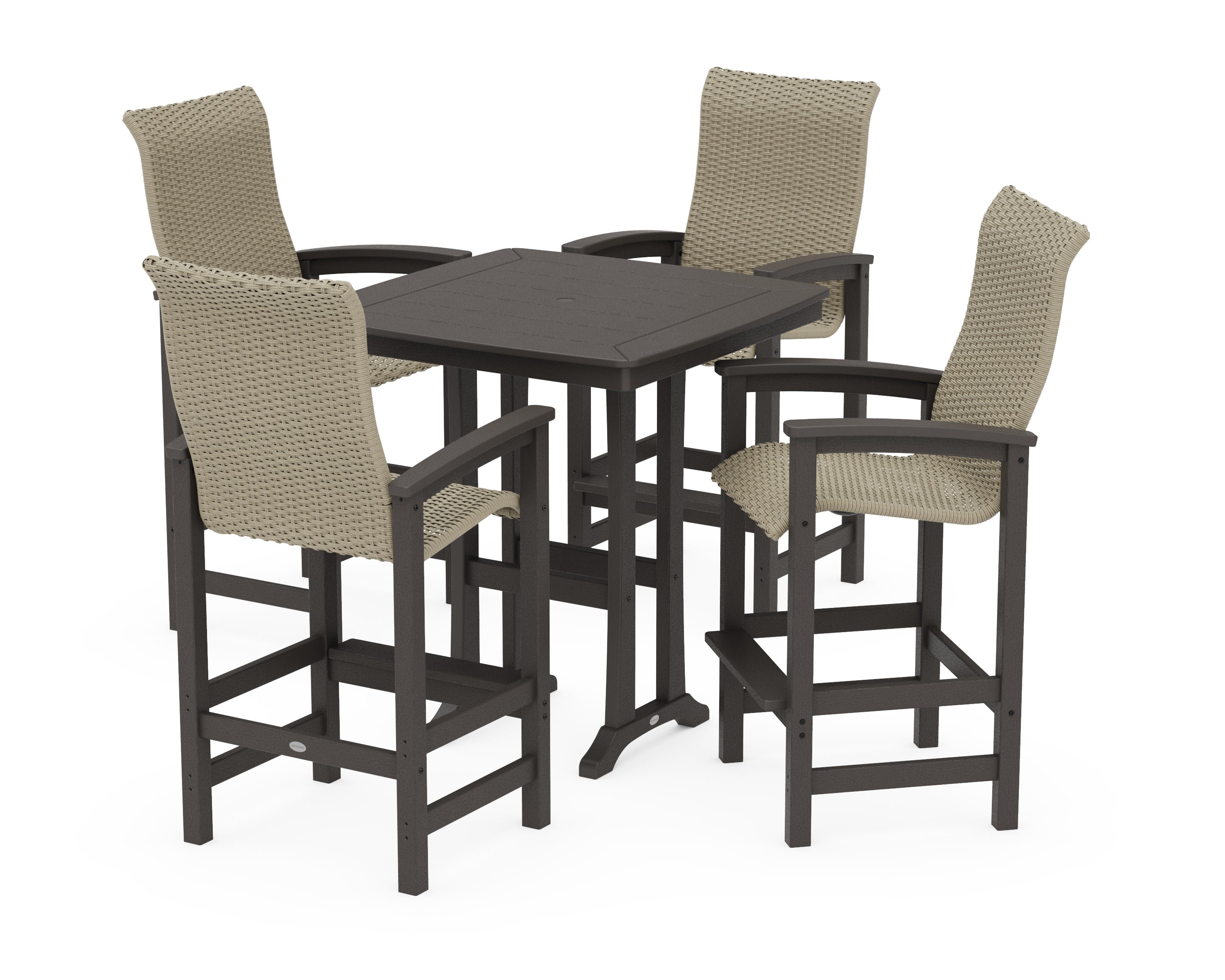 Coastal Woven High-Back 5-Piece Bar Set with Trestle Legs in Vintage Coffee / Dune Grass