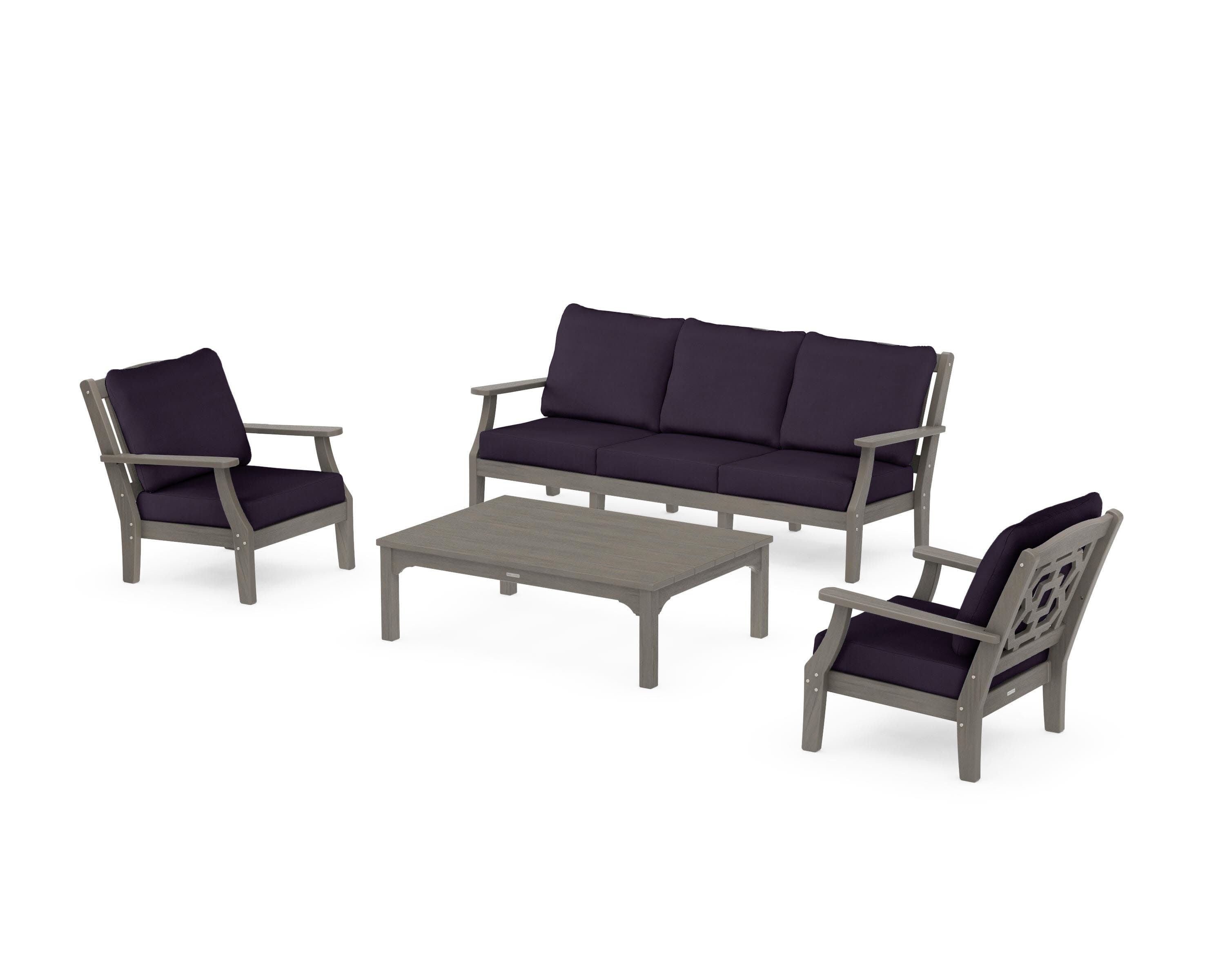 Chinoiserie 4-Piece Deep Seating Set with Sofa in Driftwood / Navy Linen