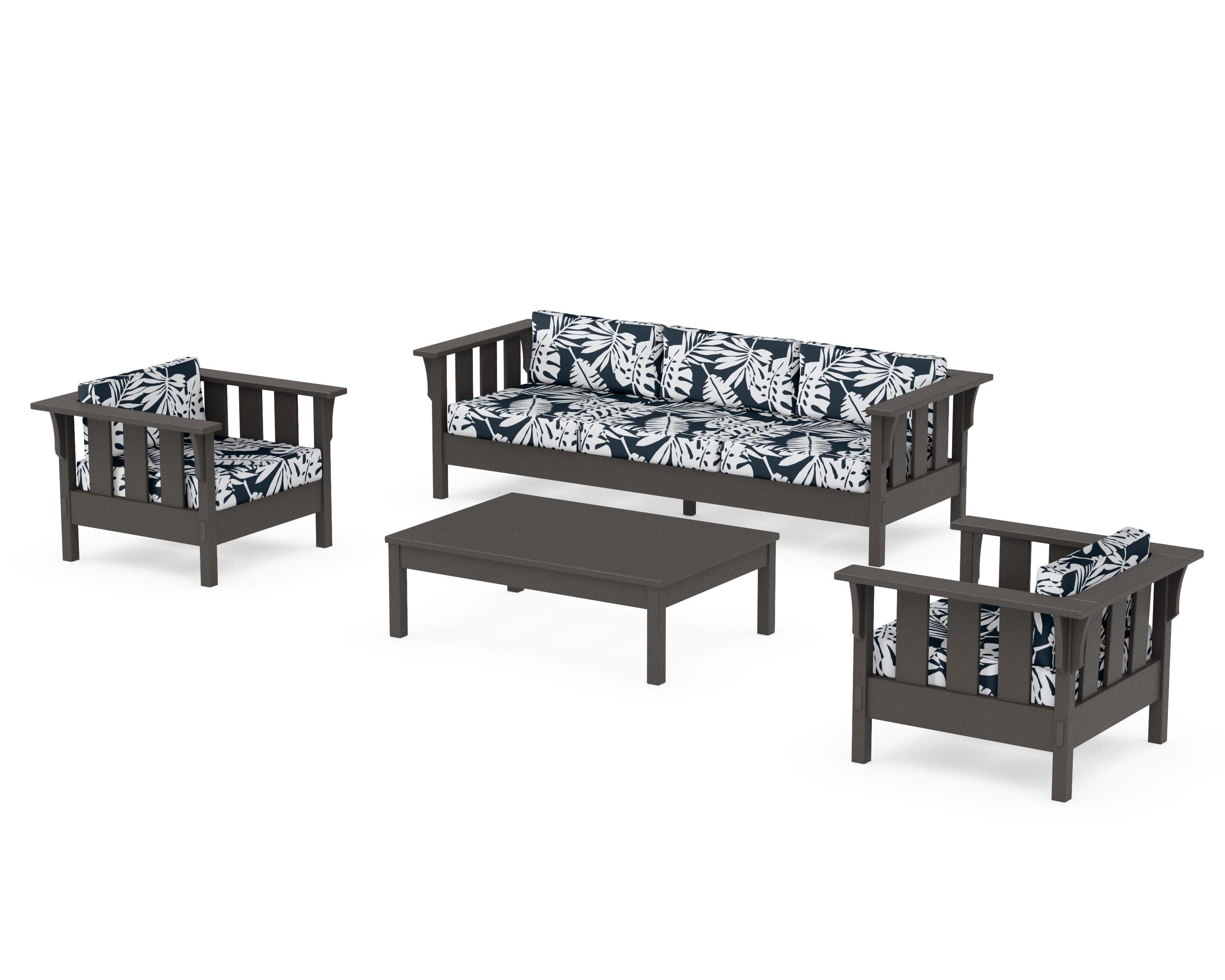 Acadia 4-Piece Deep Seating Set with Sofa in Vintage Coffee / Leaf Marine Indigo