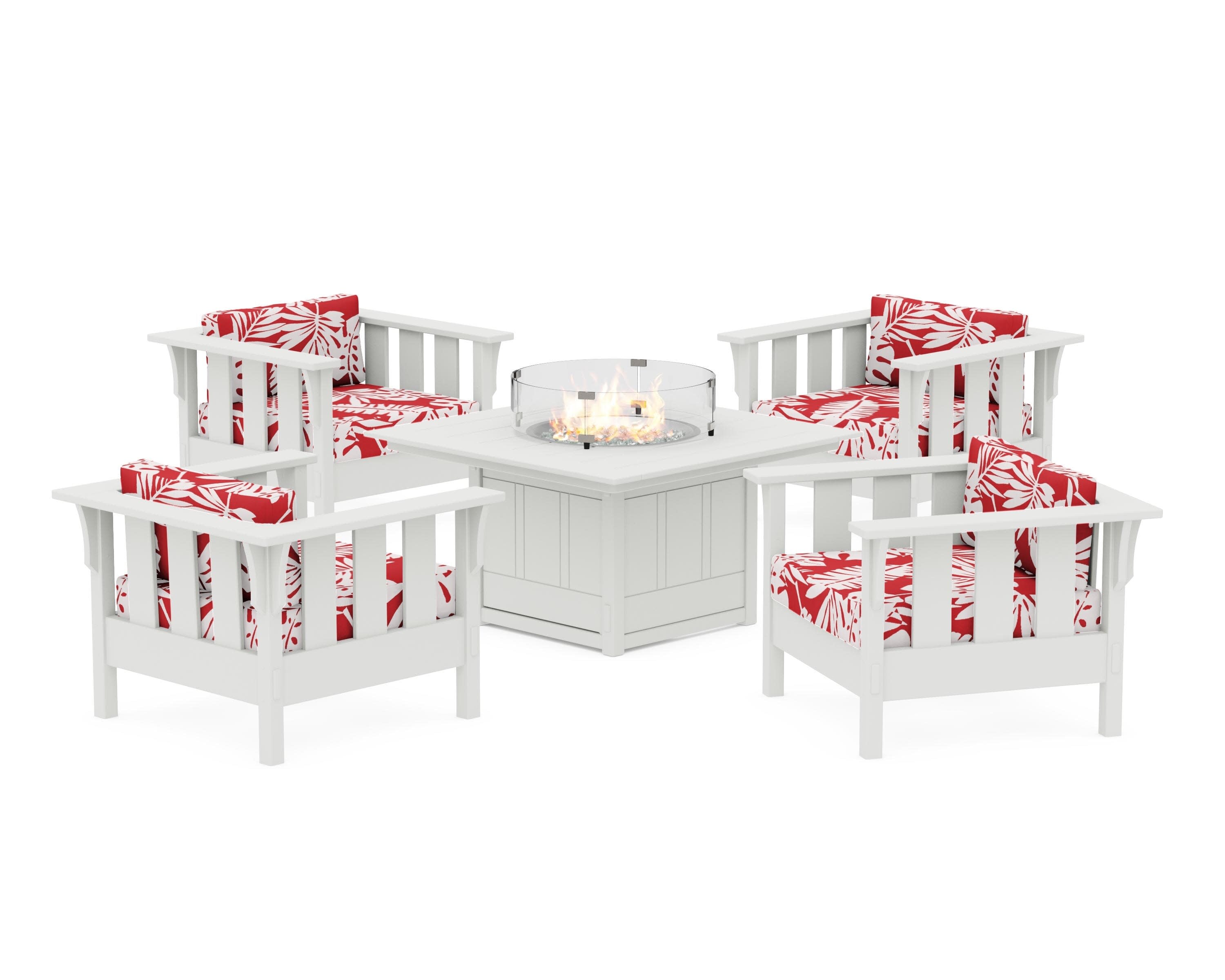 Acadia 5-Piece Deep Seating Set with Fire Pit Table in Vintage White / Leaf Crimson