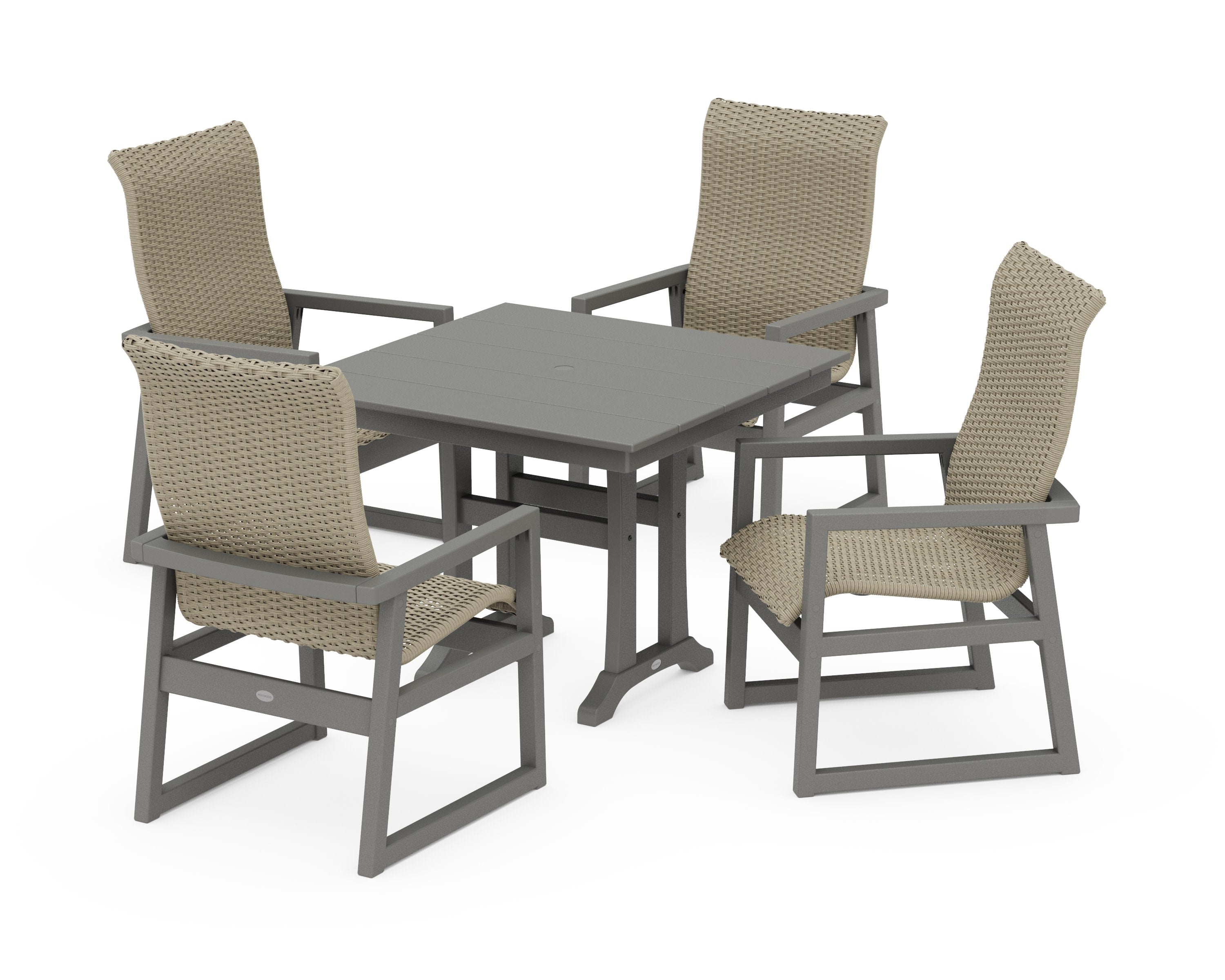 EDGE Woven Highback 5-Piece Farmhouse Dining Set with Trestle Legs in Slate Grey / Dune Grass