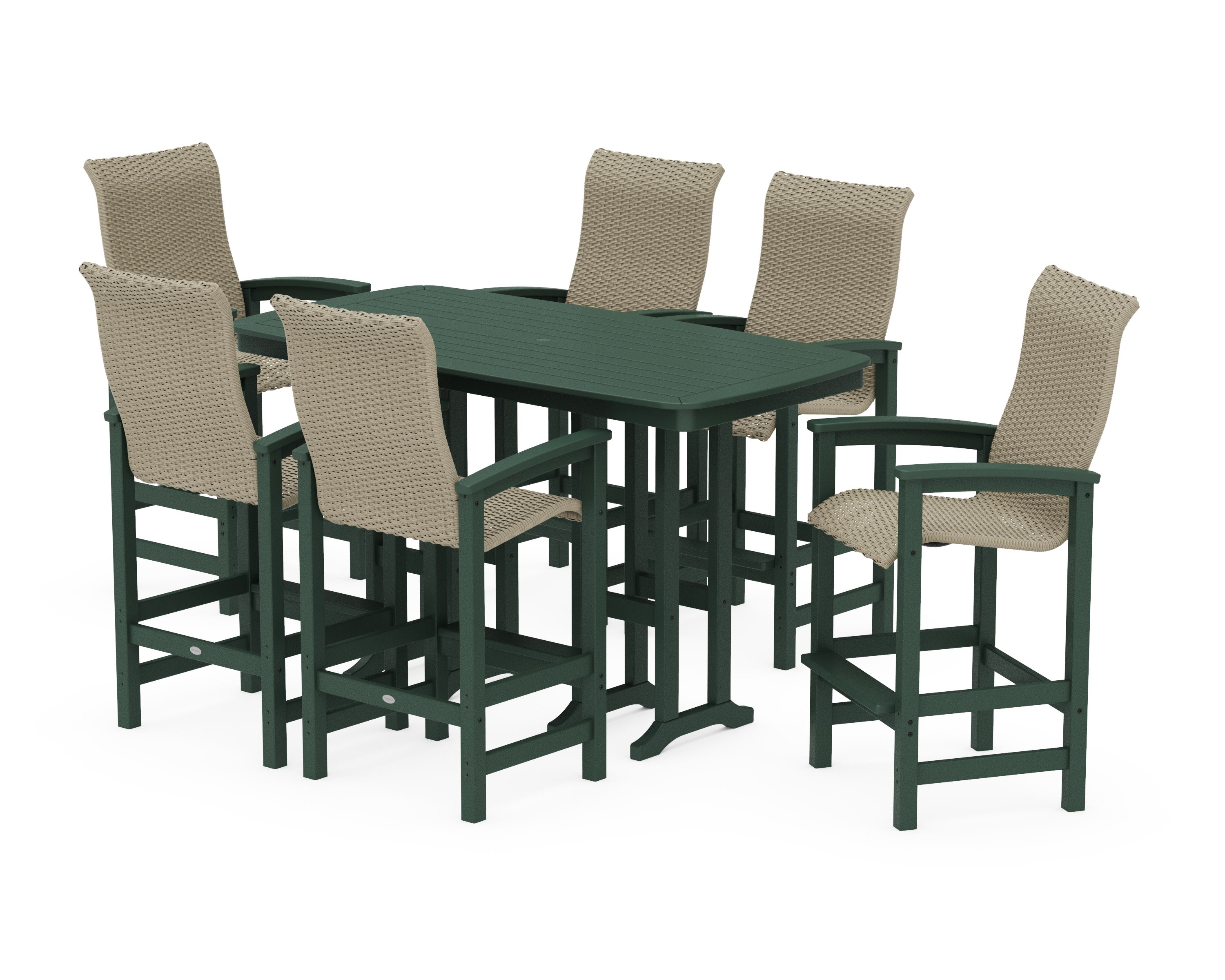 Coastal Woven High-Back Arm Chair 7-Piece Bar Set in Green / Dune Grass
