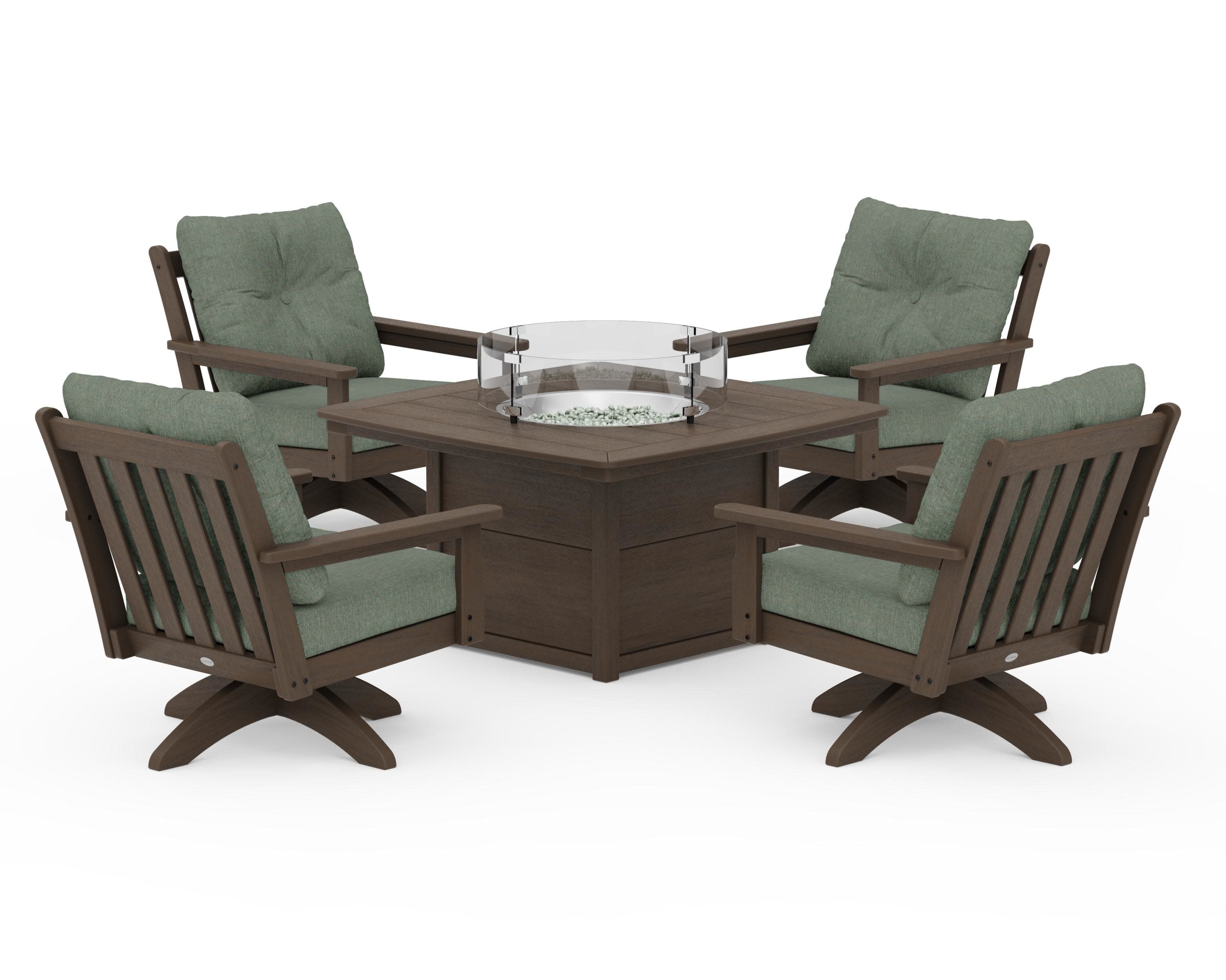 Vineyard 5-Piece Deep Seating Swivel Conversation Set with Fire Pit Table in Kona / Cast Sage