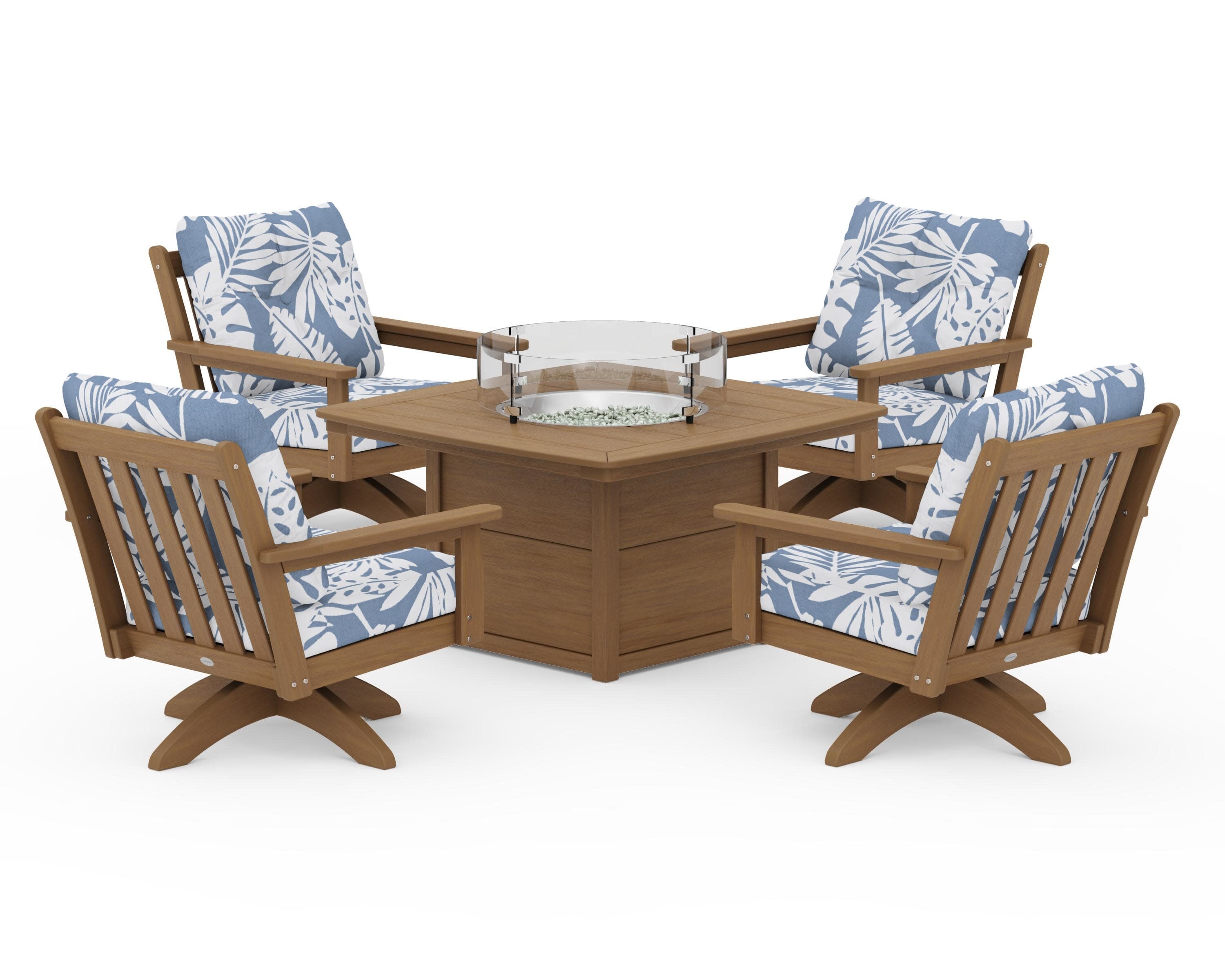 Vineyard 5-Piece Deep Seating Swivel Conversation Set with Fire Pit Table in Natural / Leaf Sky Blue