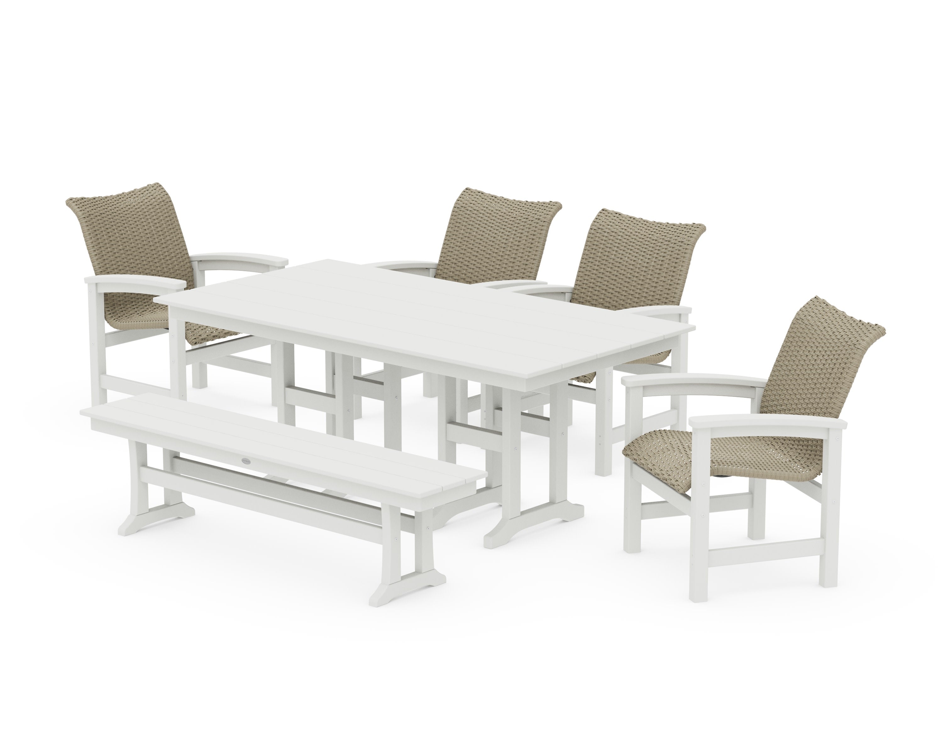 Coastal Woven 6-Piece Farmhouse Dining Set with Bench in Vintage White / Dune Grass