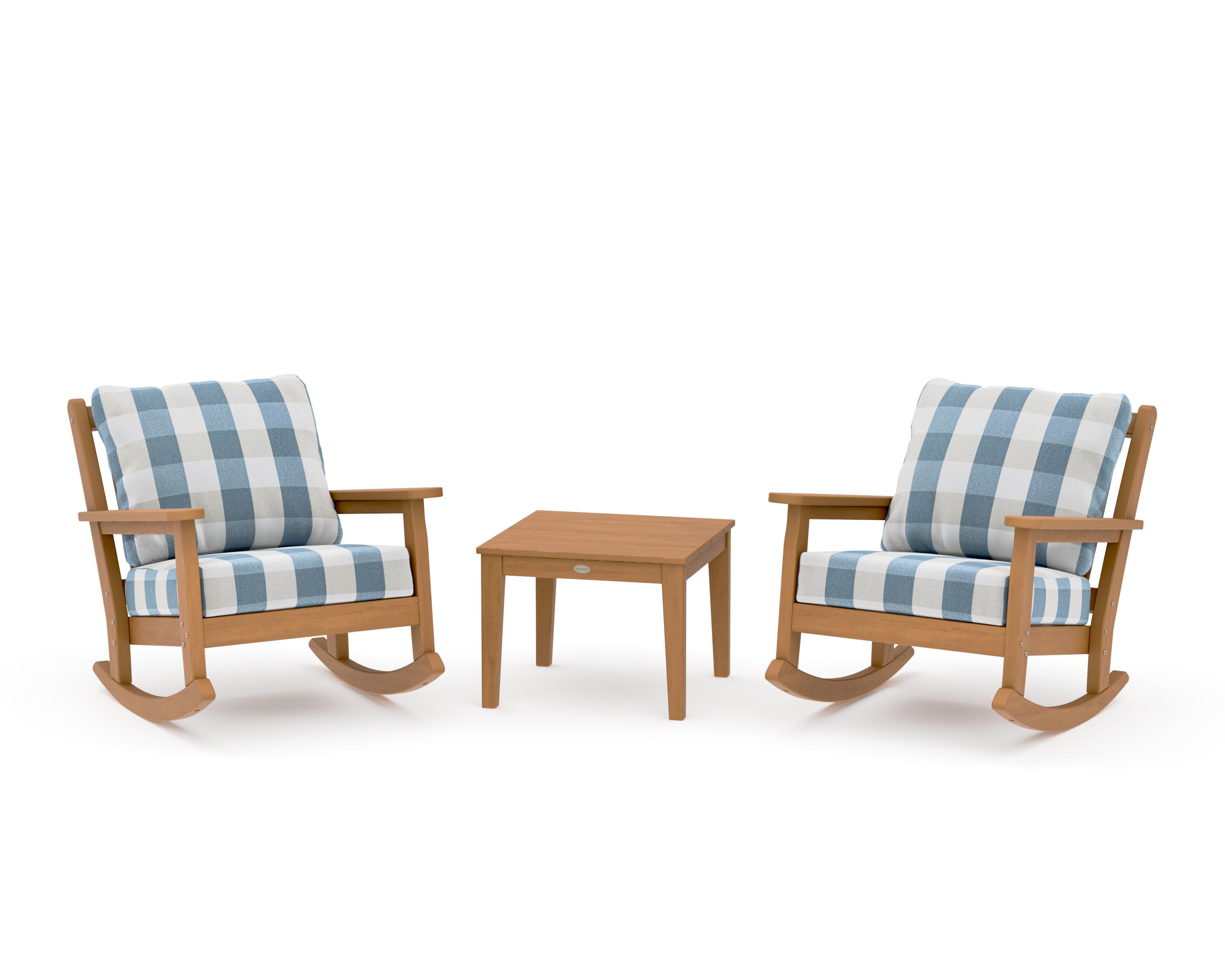 Chippendale 3-Piece Deep Seating Rocker Set in Natural / Buffalo Plaid Sky Blue