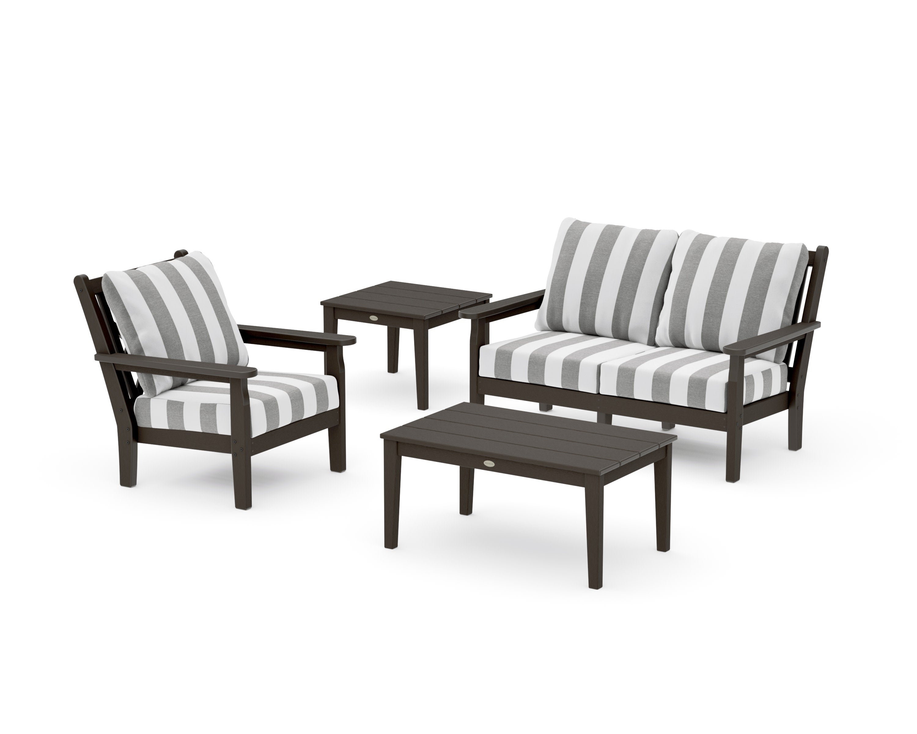 Chippendale 4-Piece Deep Seating Set in Vintage Coffee / Cabana Stripe Grey Mist