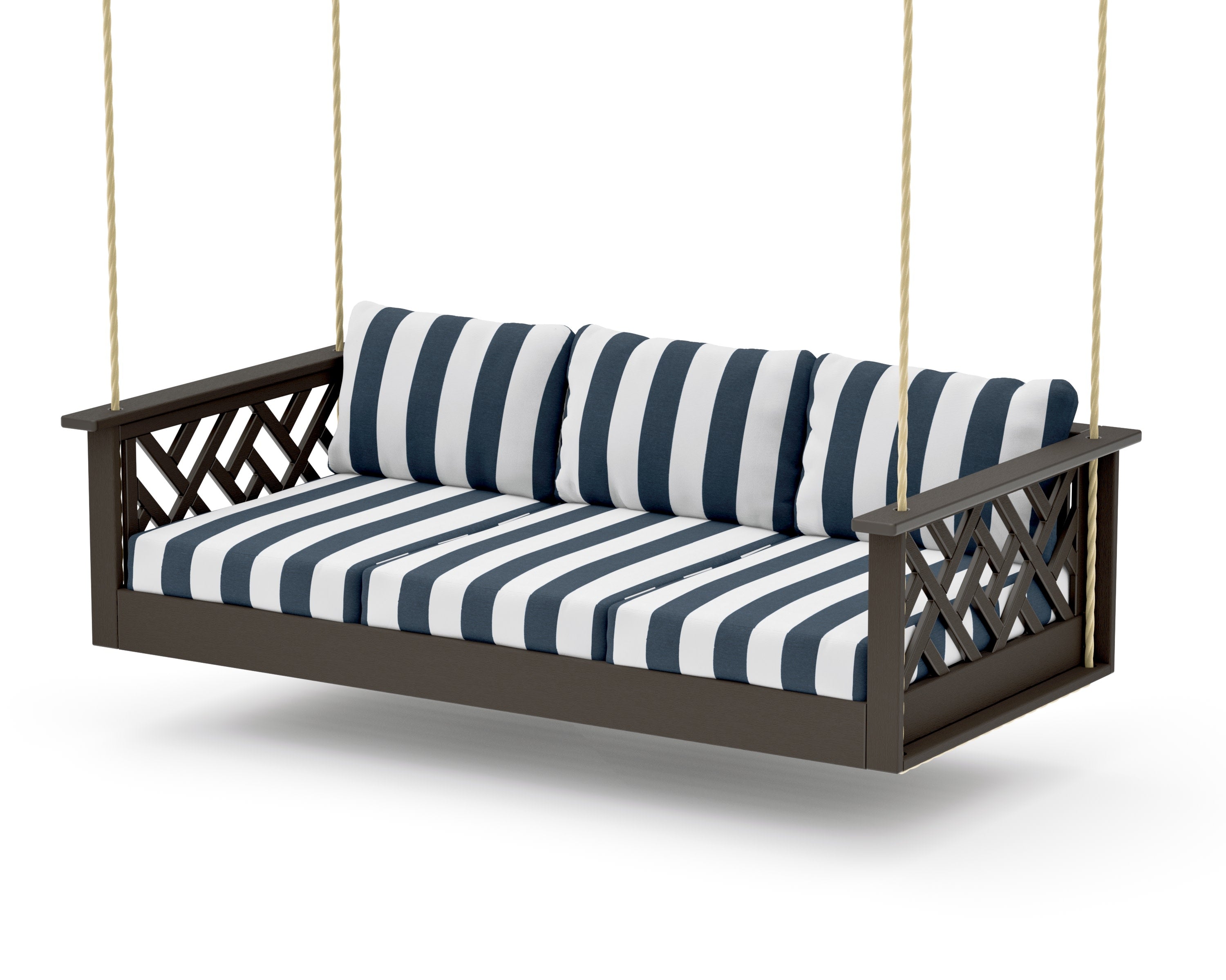 Chippendale Daybed Swing in Vintage Coffee / Cabana Stripe Marine Indigo