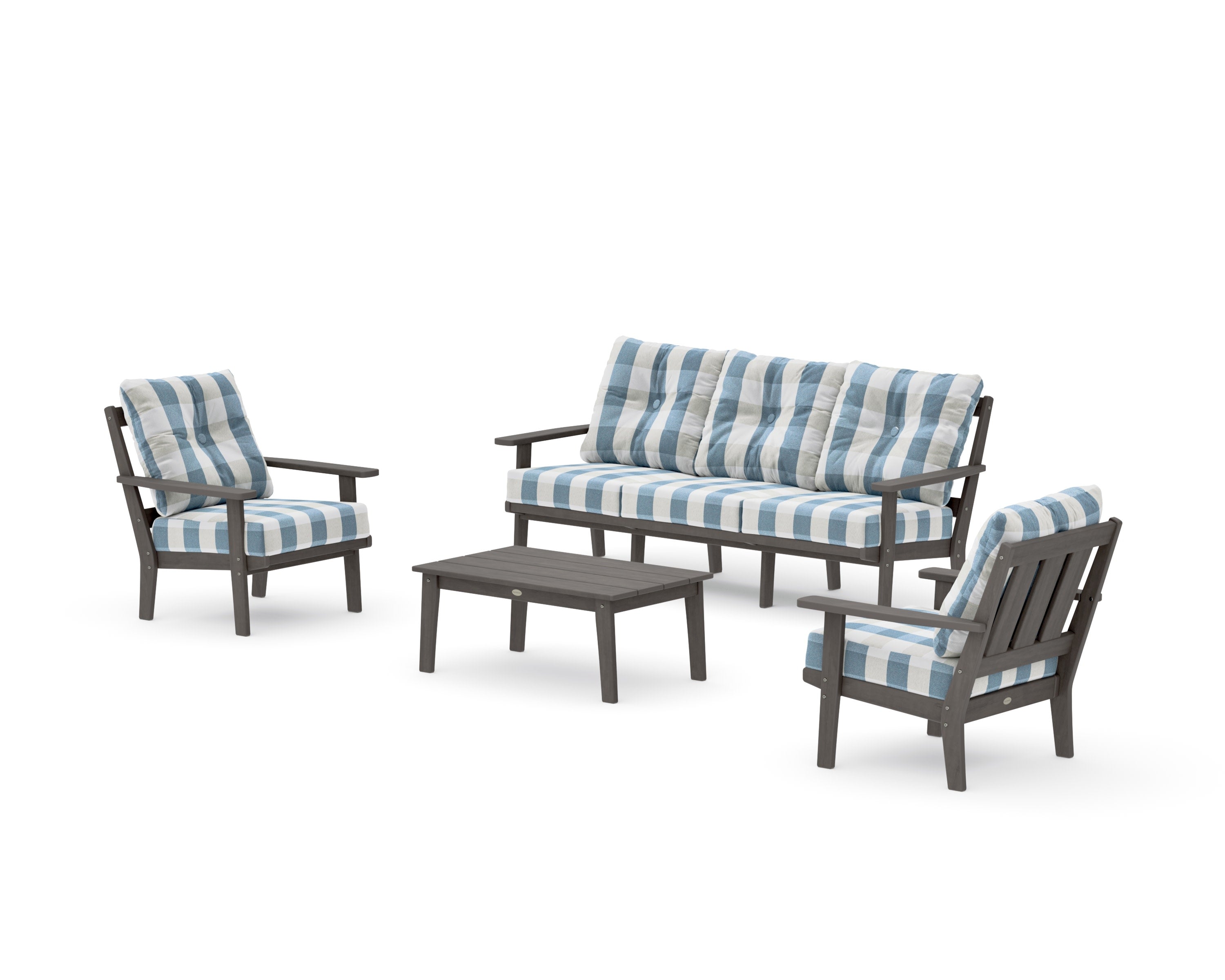 Oxford 4-Piece Deep Seating Set with Sofa in Driftwood / Buffalo Plaid Sky Blue