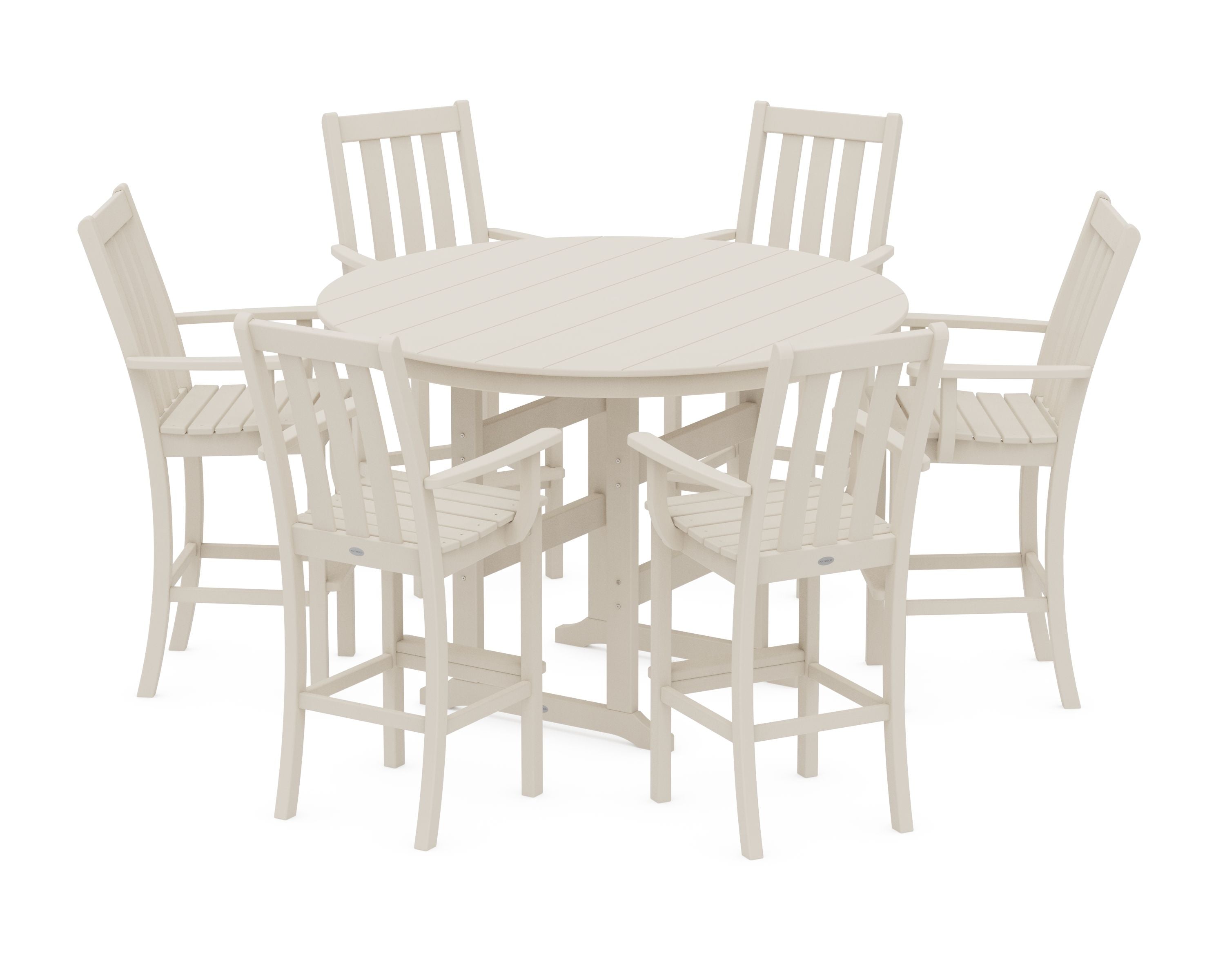 Vineyard 7-Piece Arm Chair Round Farmhouse Bar Set in Sand