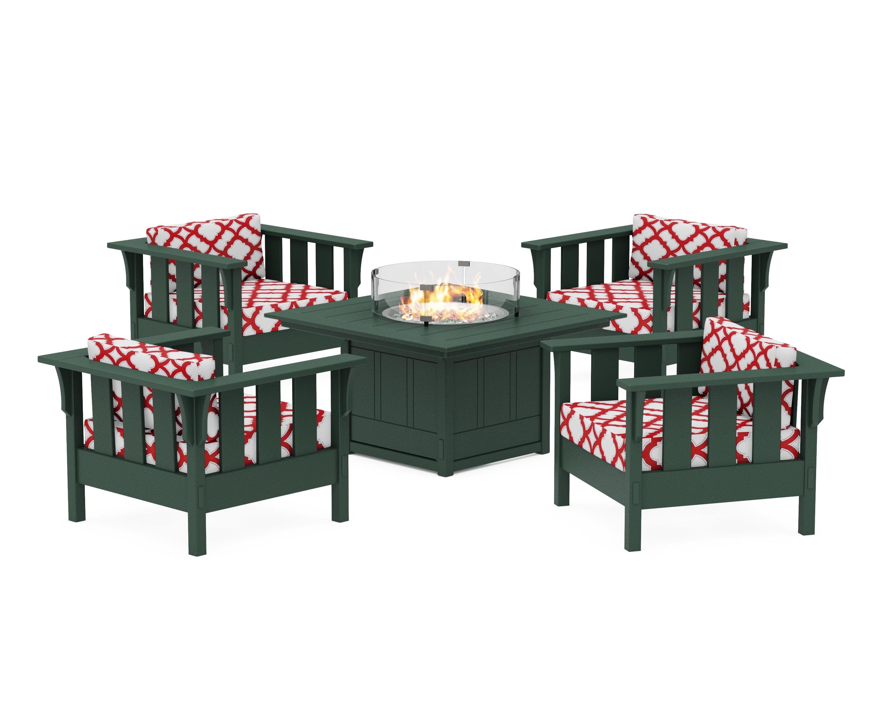 Acadia 5-Piece Deep Seating Set with Fire Pit Table in Green / Trellis Crimson