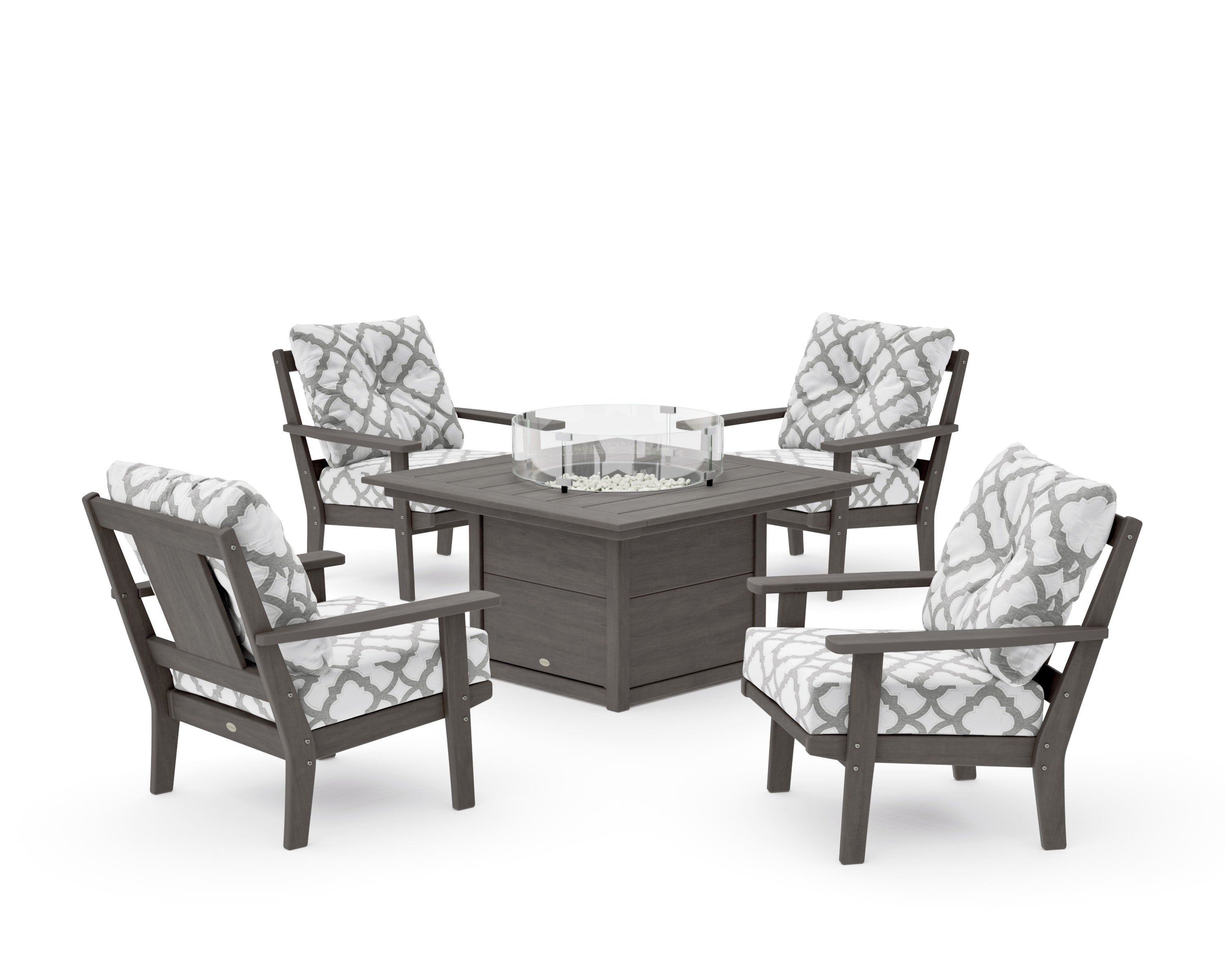 Prairie 5-Piece Deep Seating Set with Fire Pit Table in Driftwood / Trellis Grey Mist