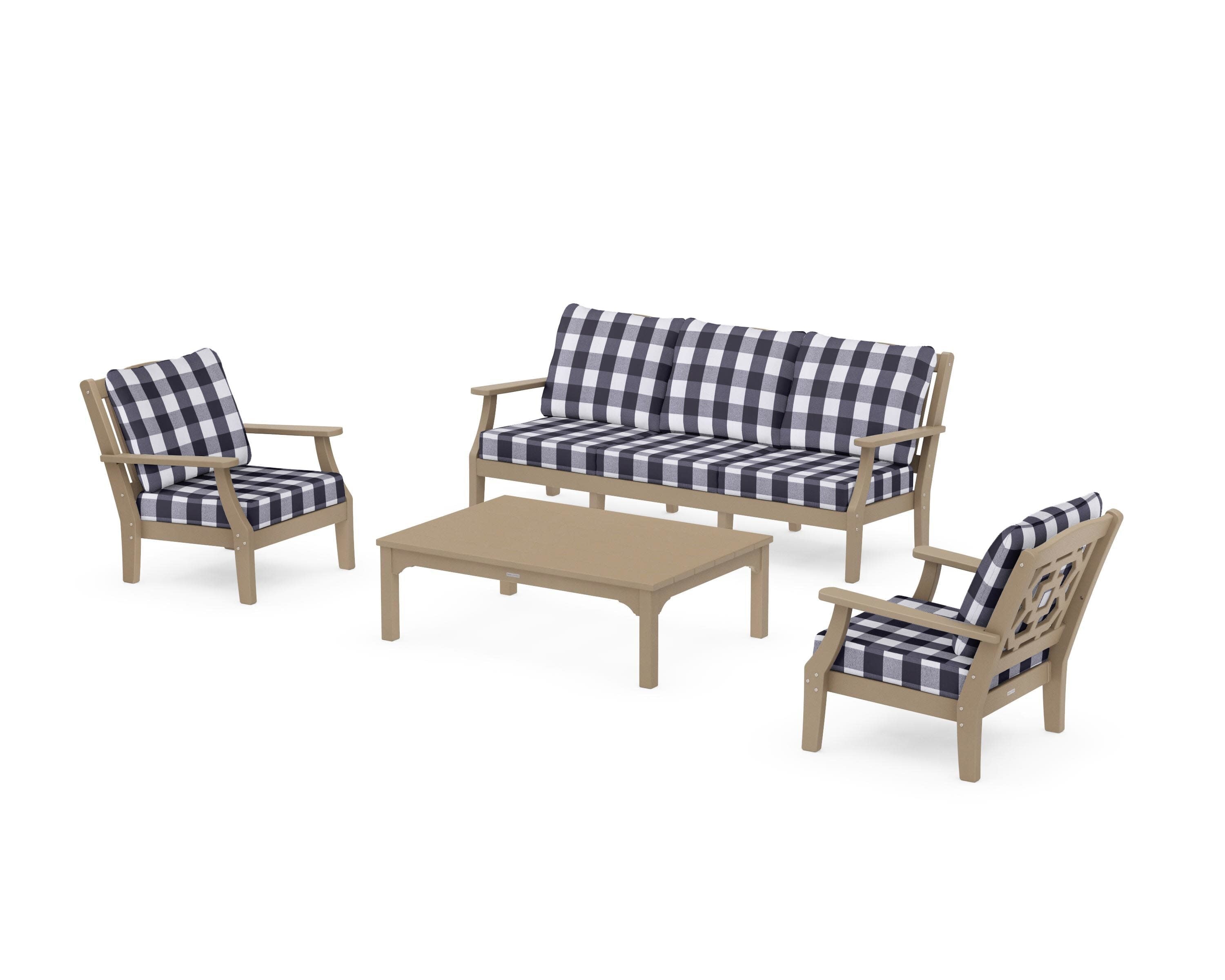 Chinoiserie 4-Piece Deep Seating Set with Sofa in Vintage Sahara / Buffalo Plaid Navy