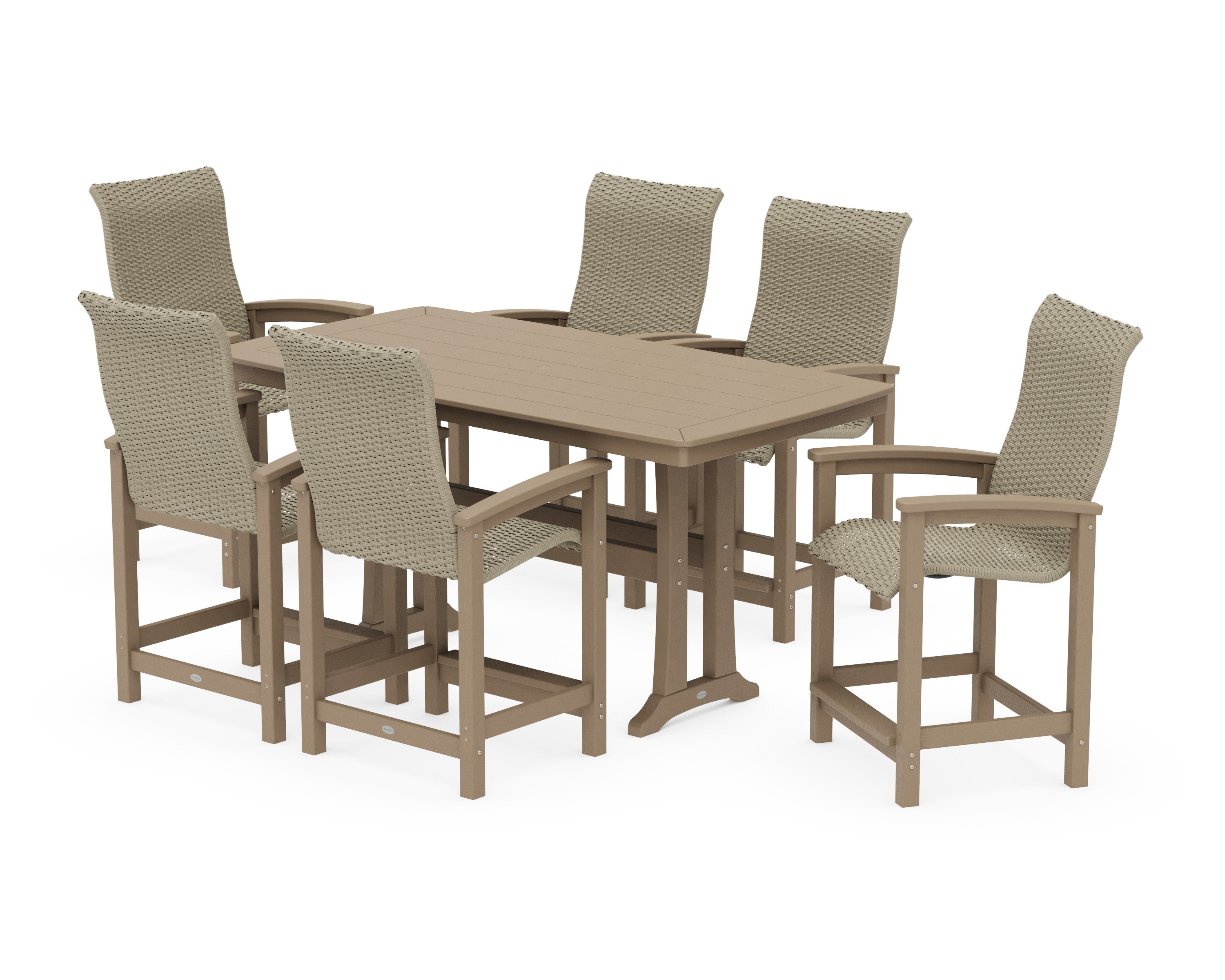 Coastal Woven High-Back Arm Chair 7-Piece Counter Set with Trestle Legs in Vintage Sahara / Dune Grass