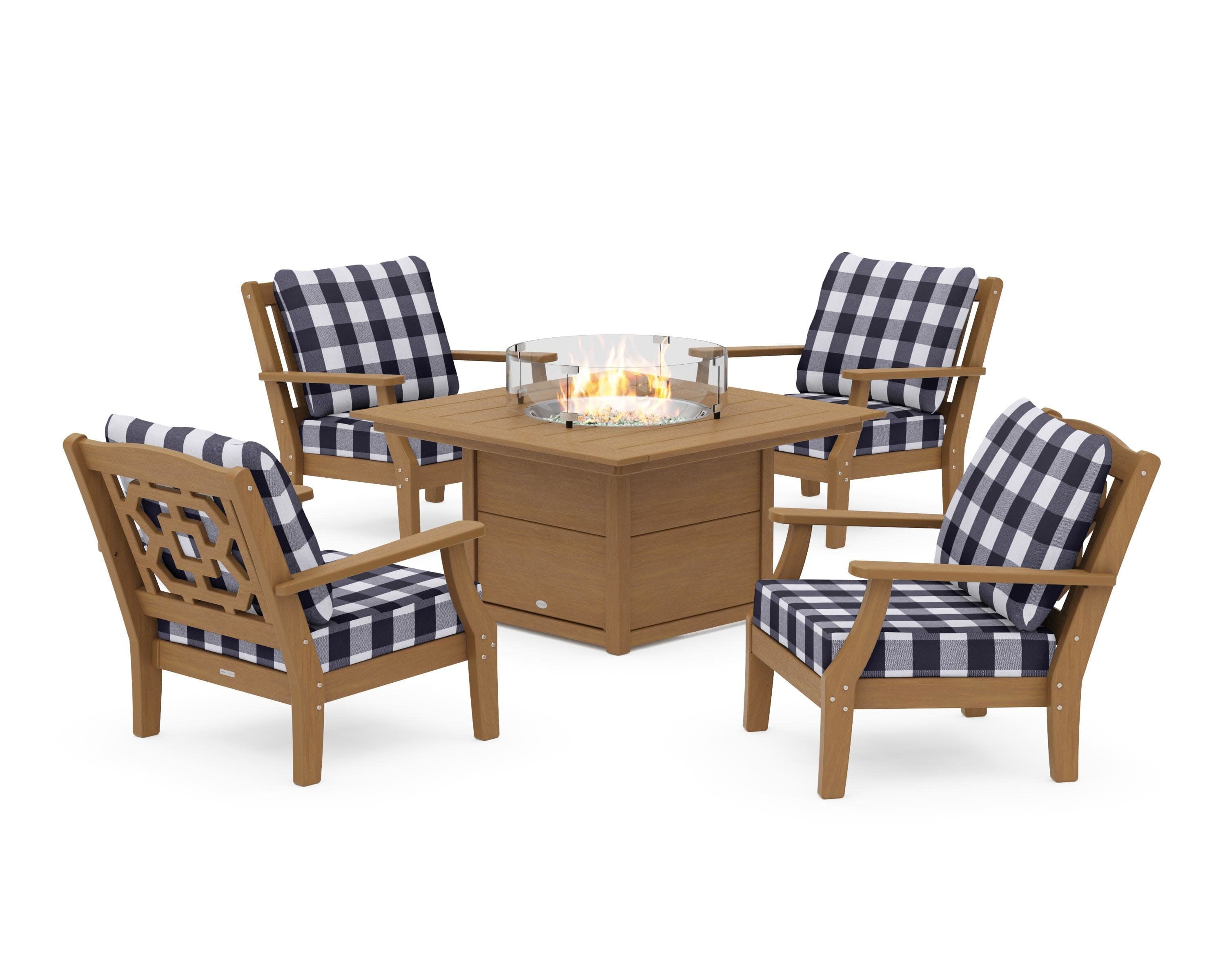 Chinoiserie 5-Piece Deep Seating Set with Fire Pit Table in Natural / Buffalo Plaid Navy