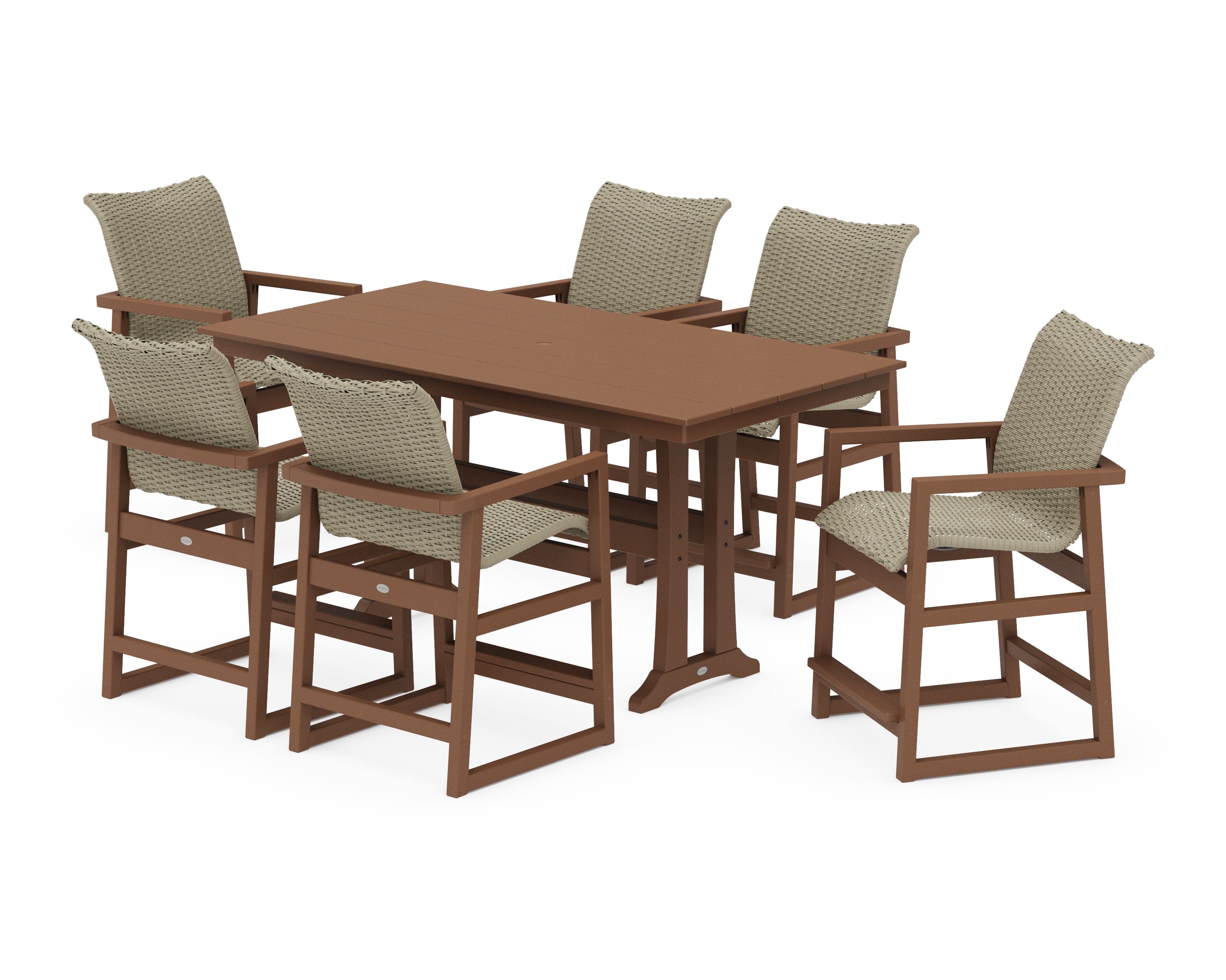 EDGE Woven Arm Chair 7-Piece Farmhouse Counter Set with Trestle Legs in Teak / Dune Grass