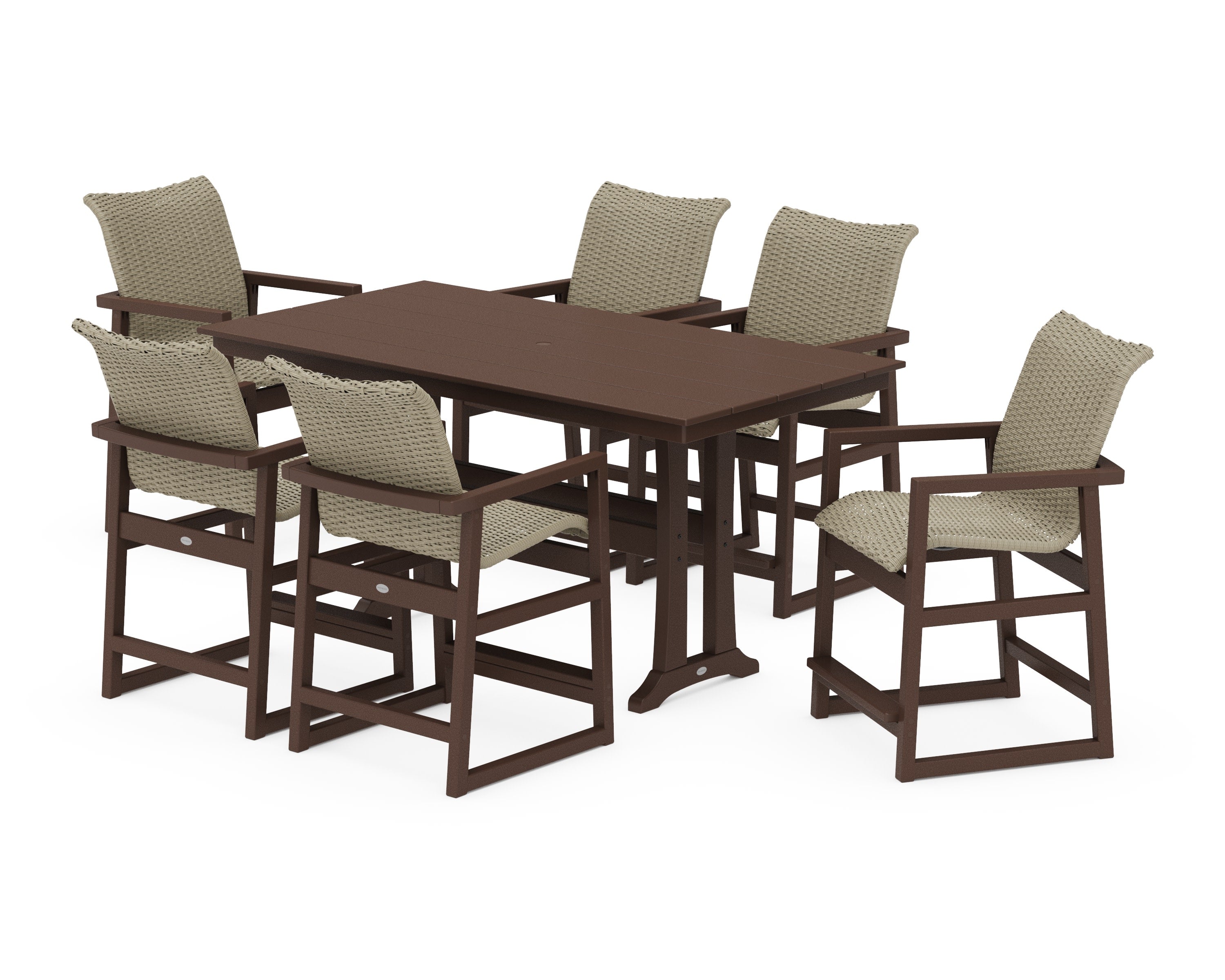 EDGE Woven Arm Chair 7-Piece Farmhouse Counter Set with Trestle Legs in Mahogany / Dune Grass