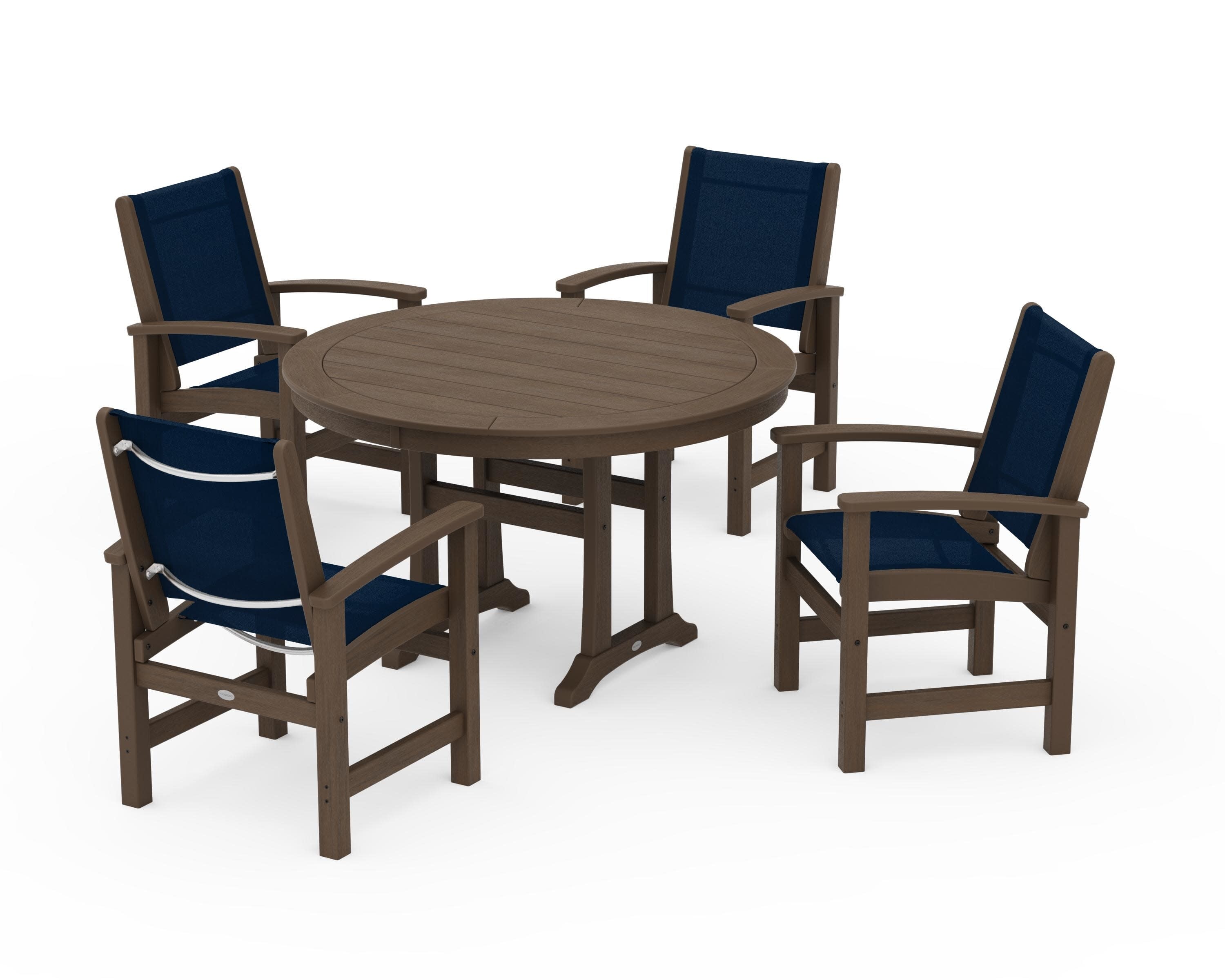 Coastal 5-Piece Round Dining Set with Trestle Legs in Kona / Navy Blue Sling
