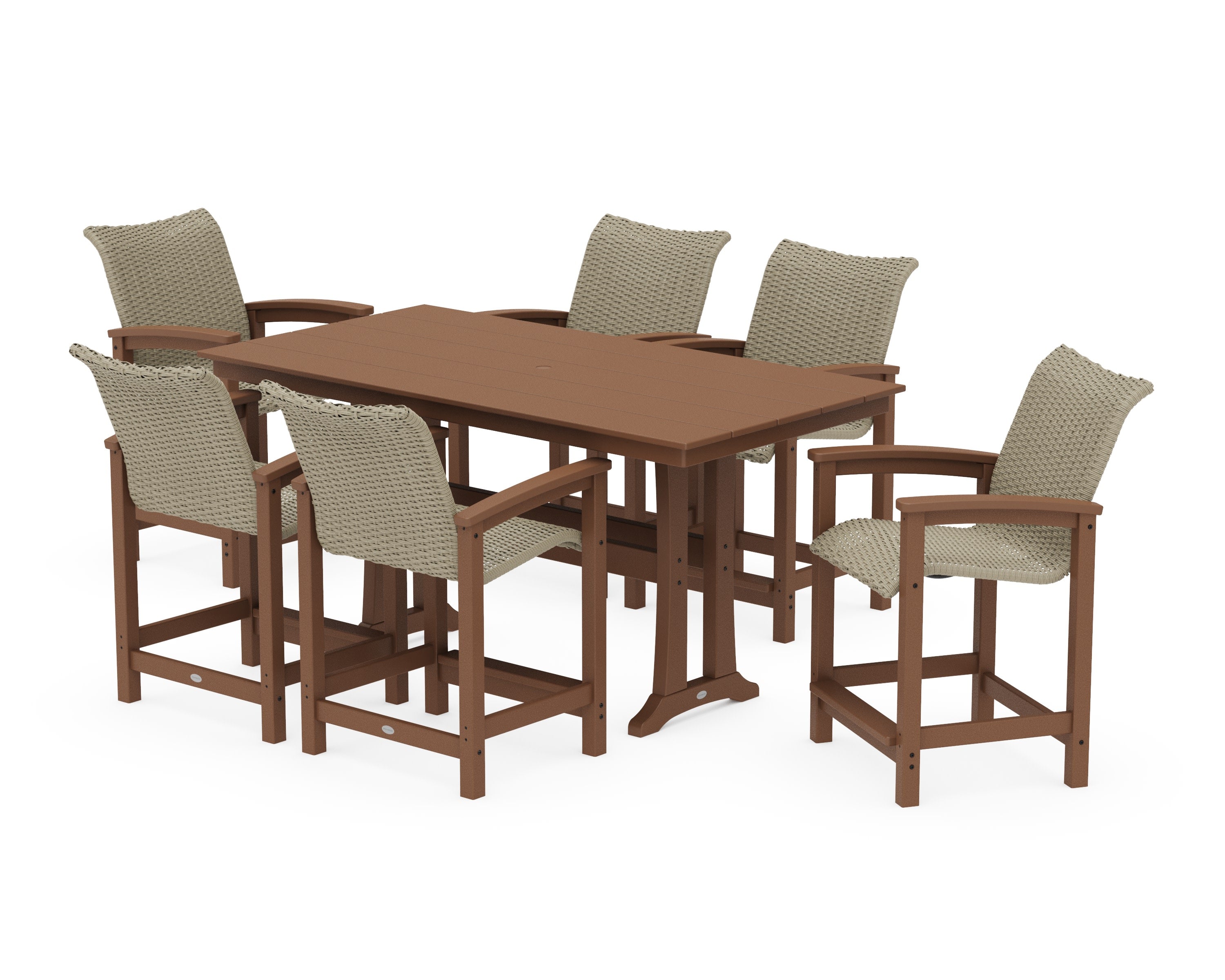 Coastal Woven Arm Chair 7-Piece Farmhouse Counter Set with Trestle Legs in Teak / Dune Grass