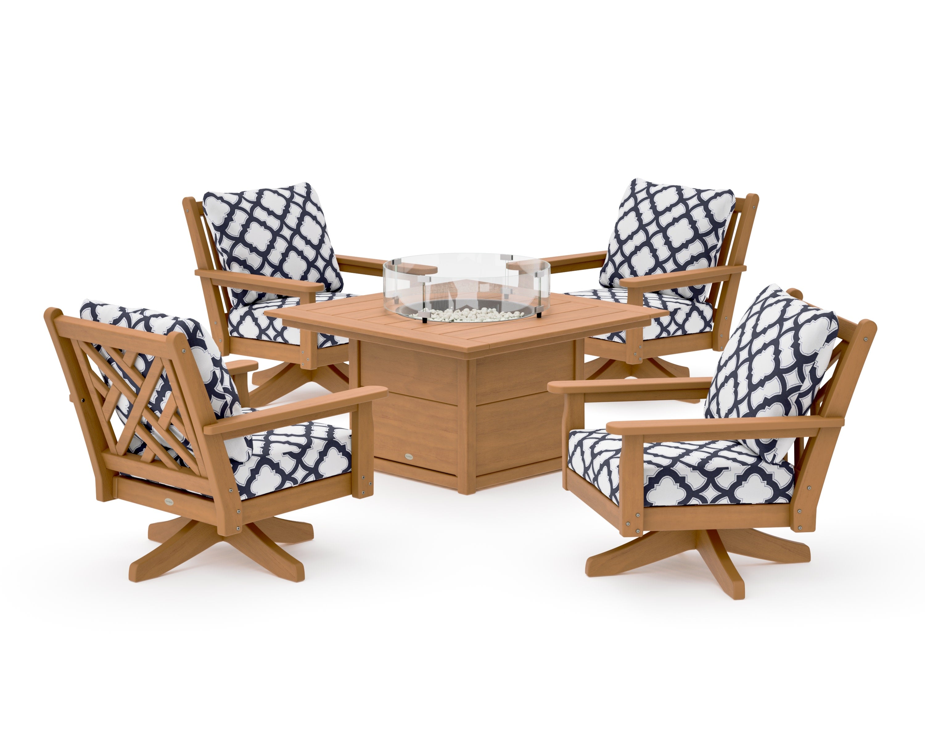 Chippendale 5-Piece Deep Seating Swivel Conversation Set with Fire Pit Table in Natural / Trellis Navy
