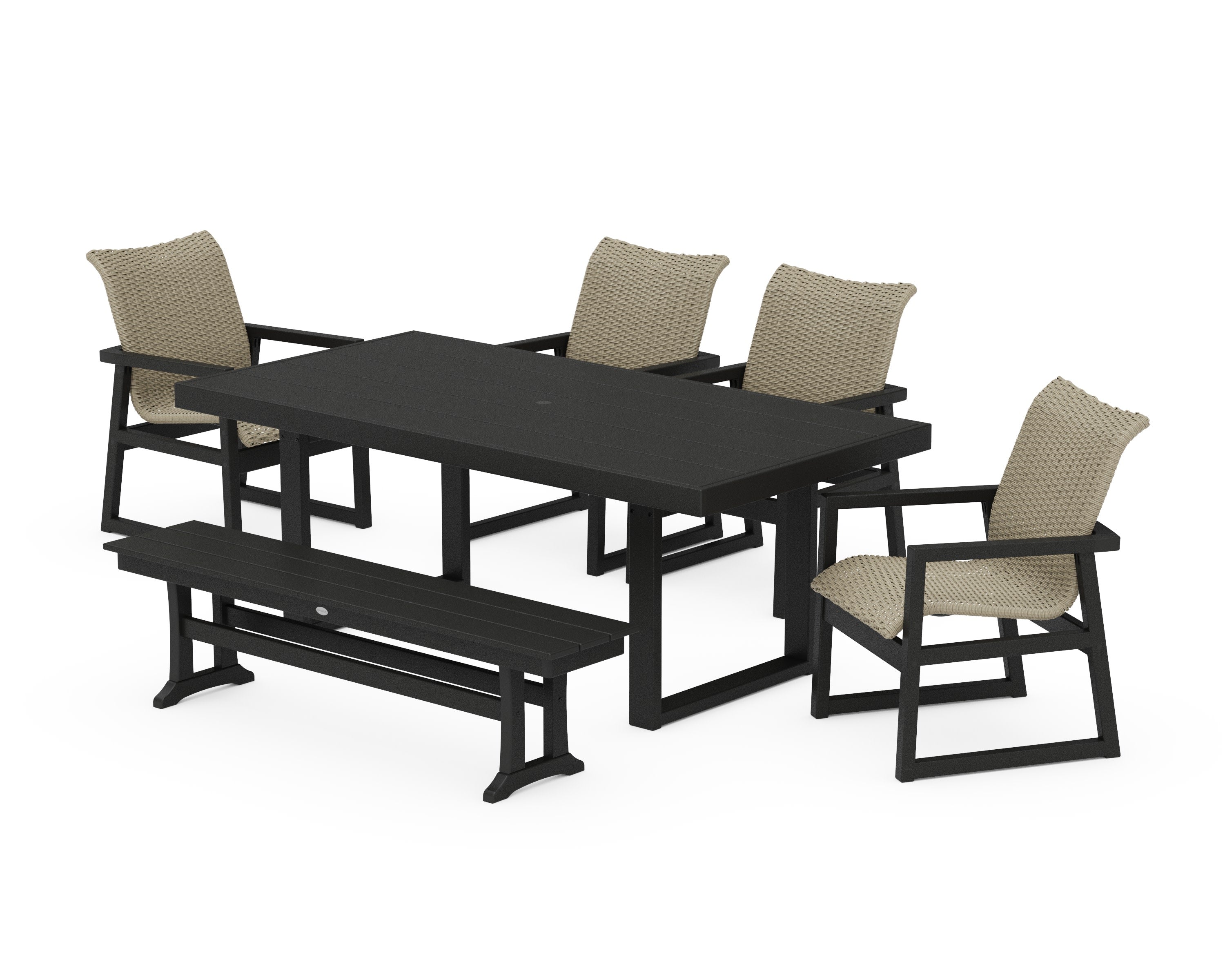 EDGE Woven 6-Piece Dining Set with Bench in Black / Dune Grass