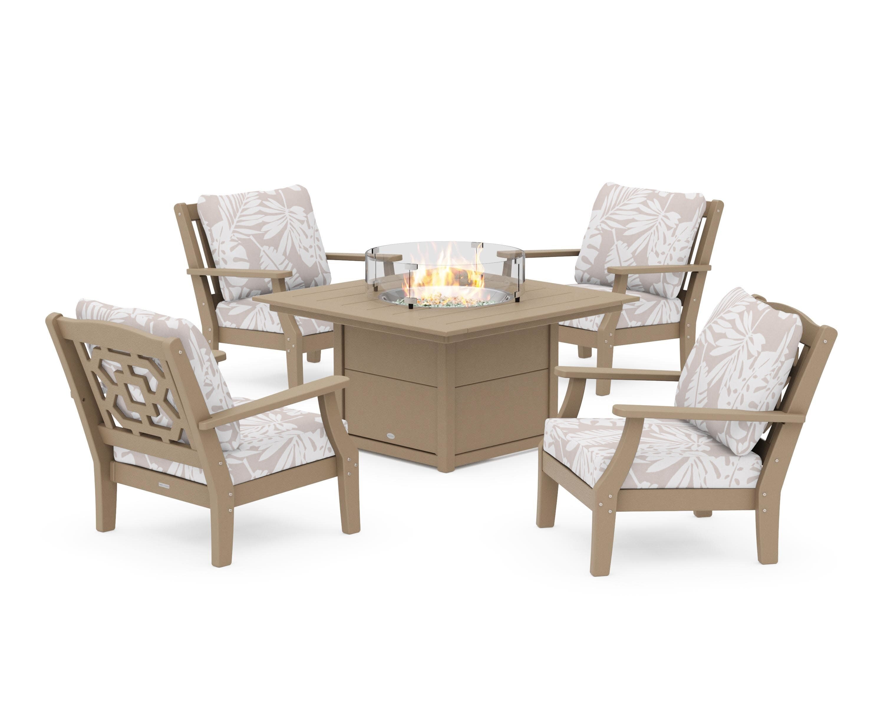 Chinoiserie 5-Piece Deep Seating Set with Fire Pit Table in Vintage Sahara / Leaf Dune Burlap
