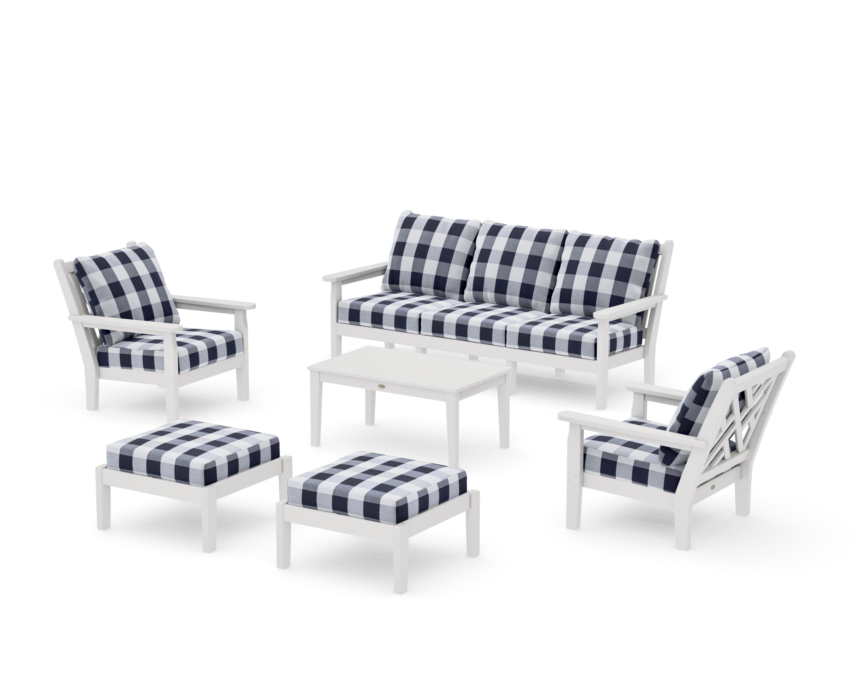 Chippendale 6-Piece Lounge Sofa Set in Vintage White / Buffalo Plaid Navy