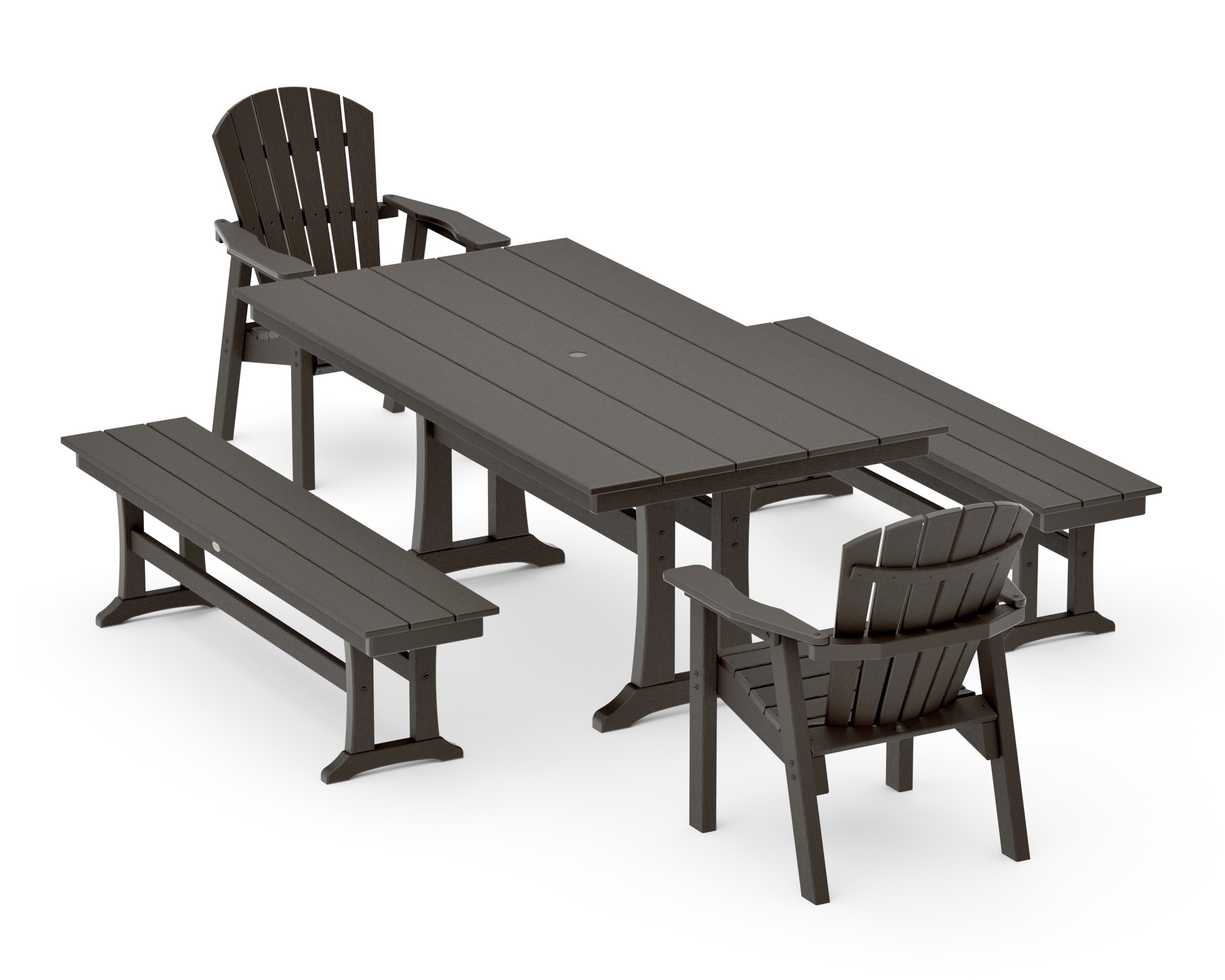 Seashell 5-Piece Farmhouse Dining Set With Trestle Legs in Vintage Coffee