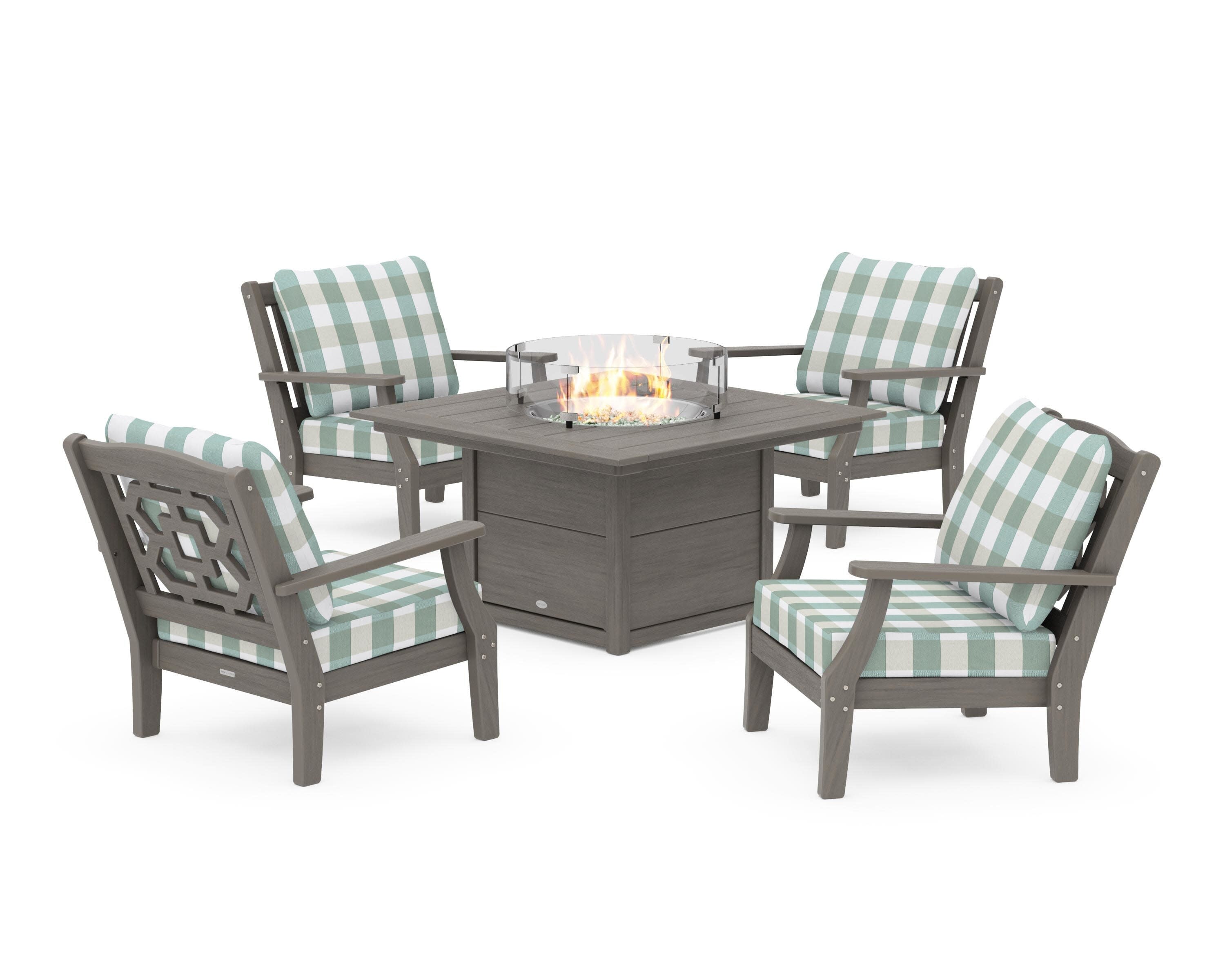 Chinoiserie 5-Piece Deep Seating Set with Fire Pit Table in Driftwood / Buffalo Plaid Glacier Spa