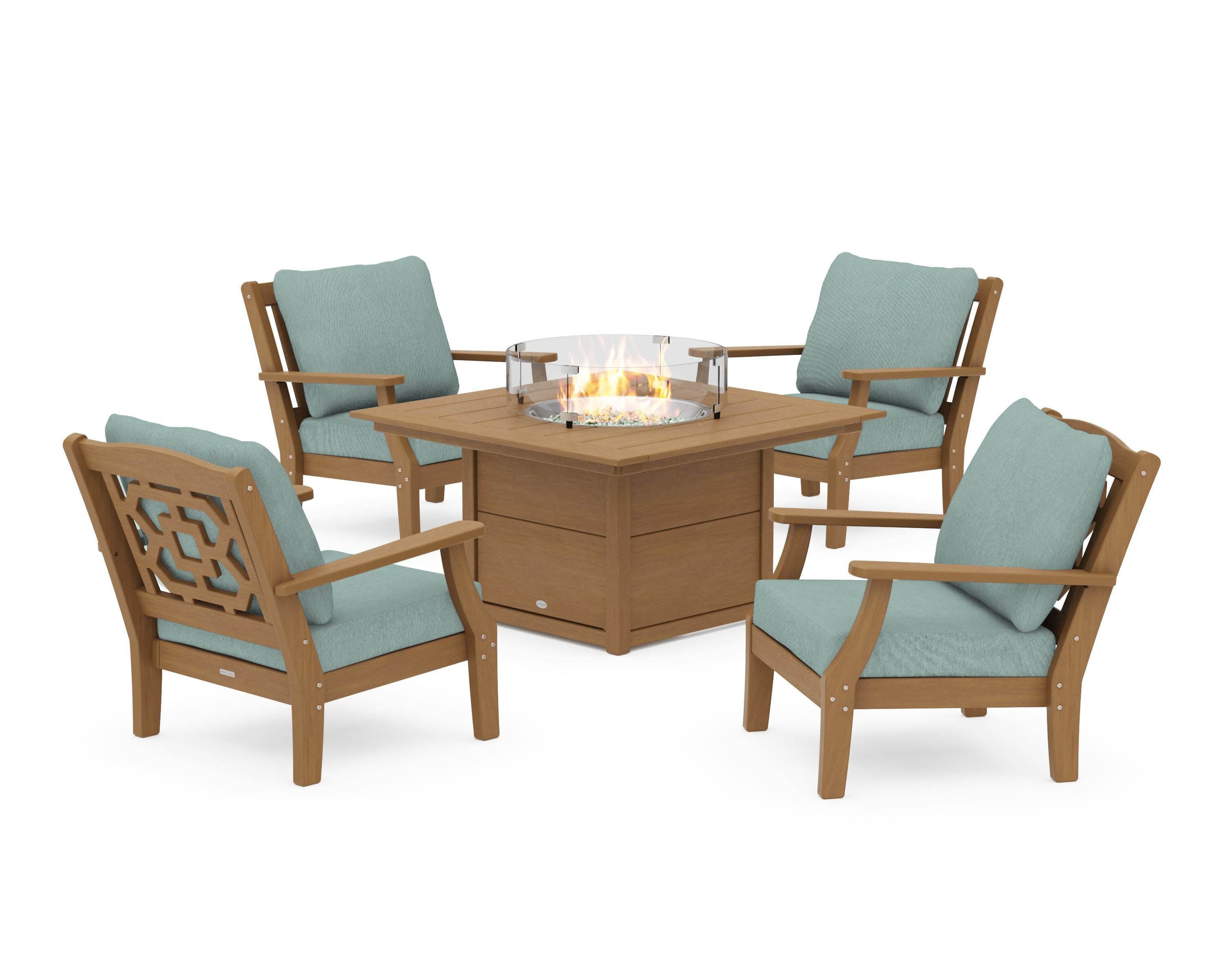 Chinoiserie 5-Piece Deep Seating Set with Fire Pit Table in Natural / Glacier Spa