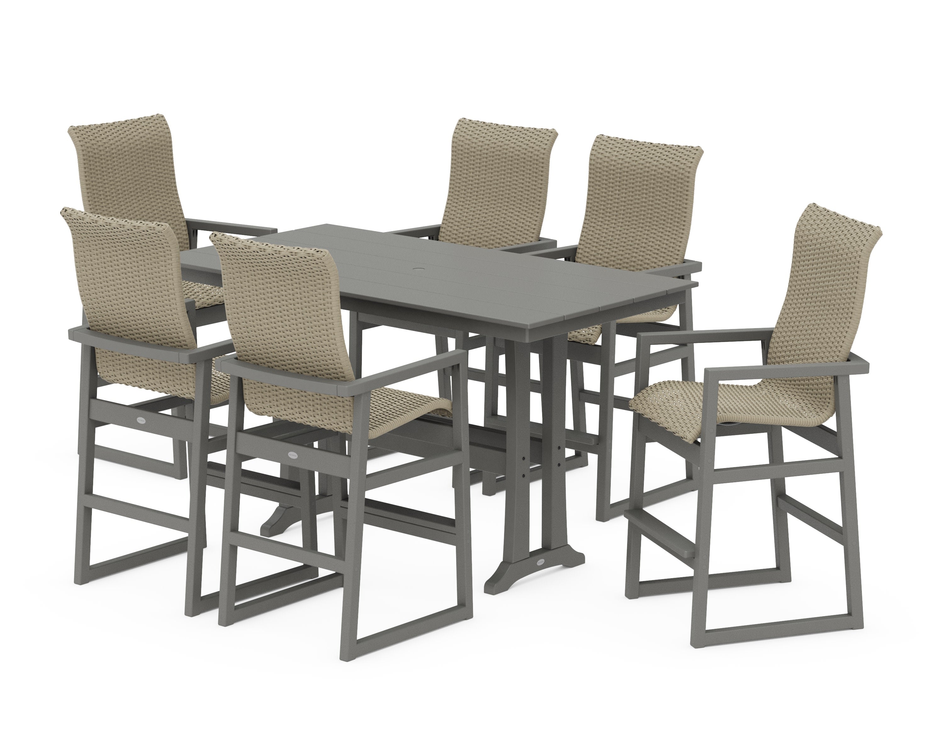 EDGE Woven Highback Arm Chair 7-Piece Farmhouse Bar Set with Trestle Legs in Slate Grey / Dune Grass