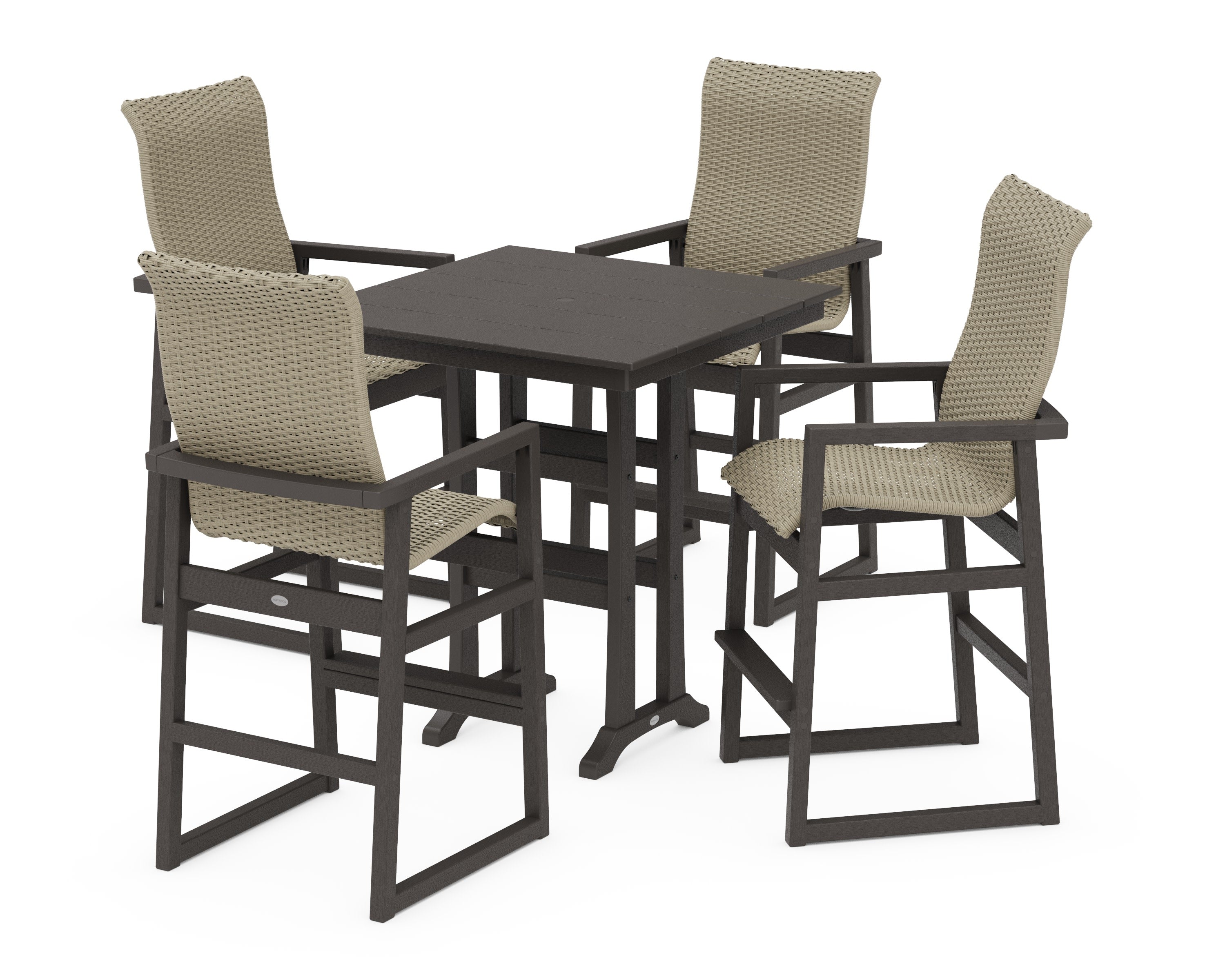 EDGE Woven Highback 5-Piece Farmhouse Bar Set with Trestle Legs in Vintage Coffee / Dune Grass