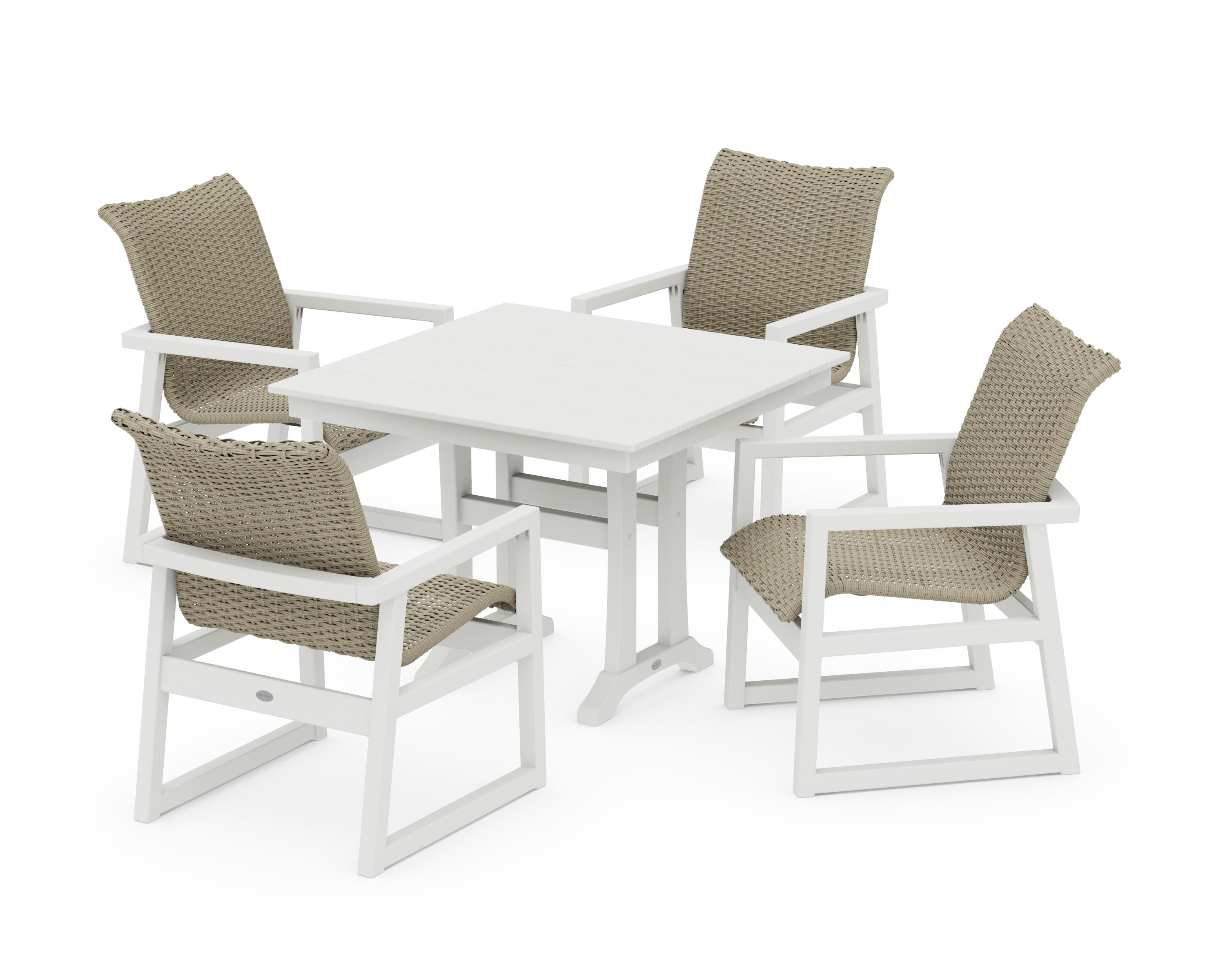 EDGE Woven 5-Piece Farmhouse Dining Set with Trestle Legs in White / Dune Grass
