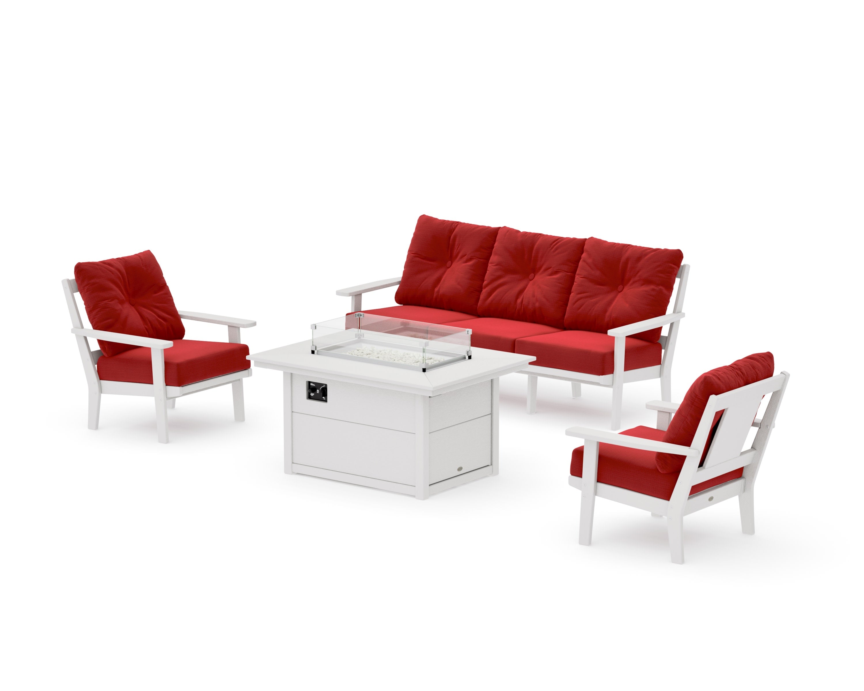 Prairie Deep Seating Fire Pit Table Set in Vintage White / Crimson Linen