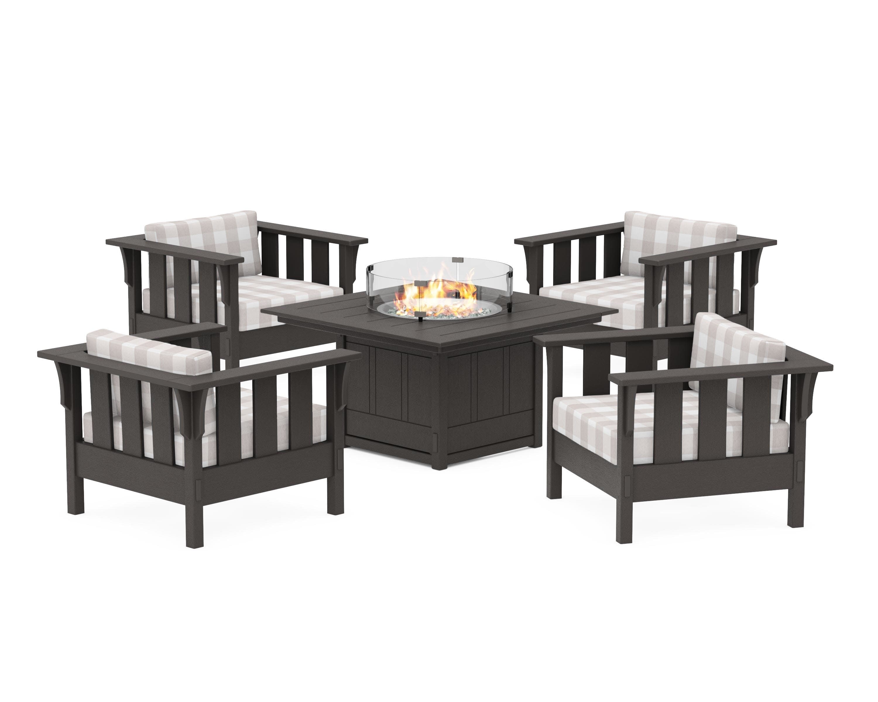 Acadia 5-Piece Deep Seating Set with Fire Pit Table in Vintage Coffee / Buffalo Plaid Dune Burlap
