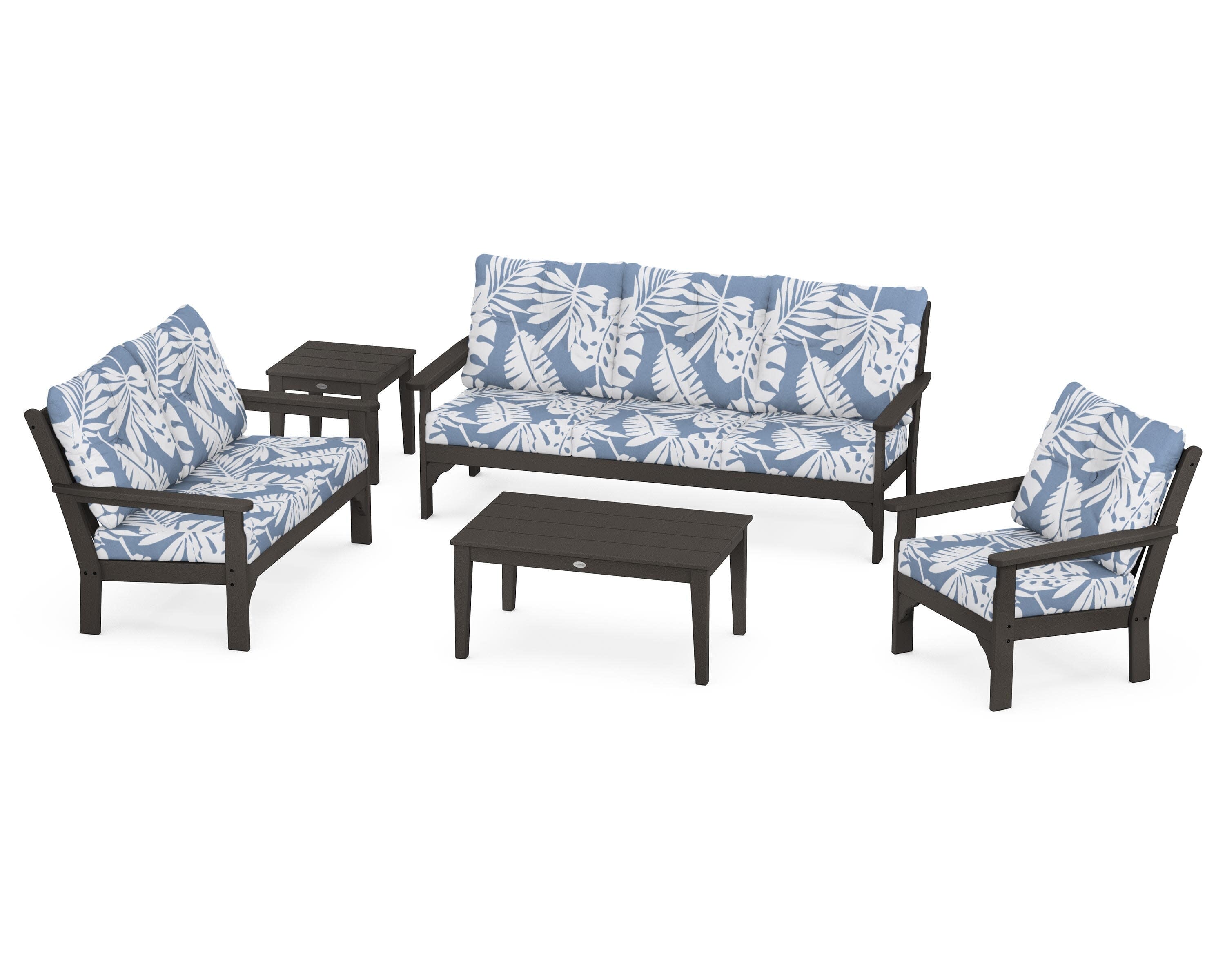 Vineyard 5 Piece Deep Seating Set in Vintage Coffee / Leaf Sky Blue