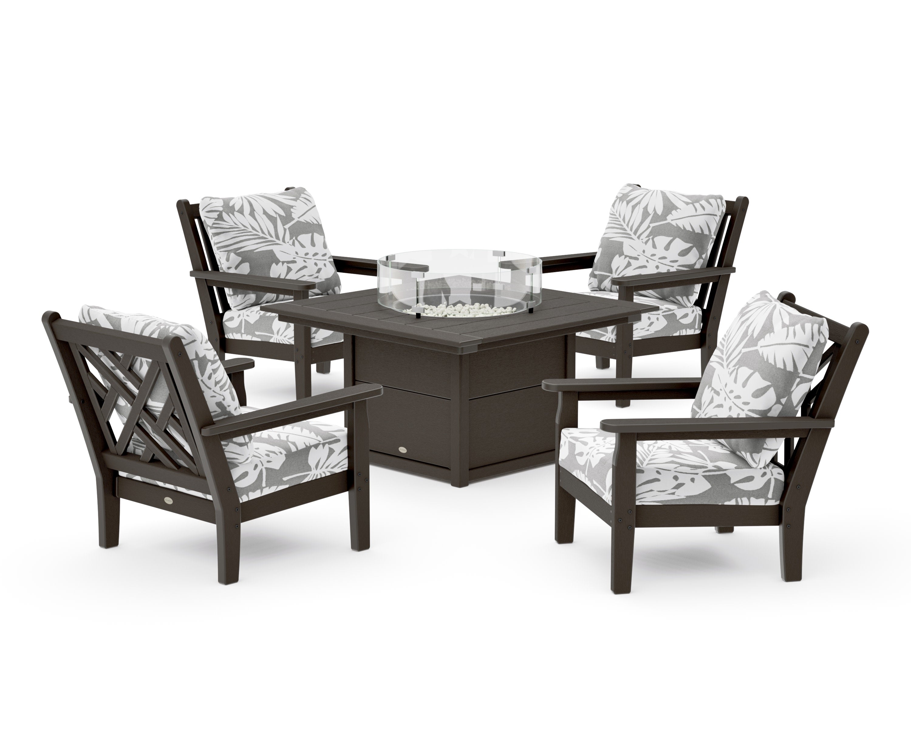 Chippendale 5-Piece Deep Seating Set with Fire Pit Table in Vintage Coffee / Leaf Grey Mist