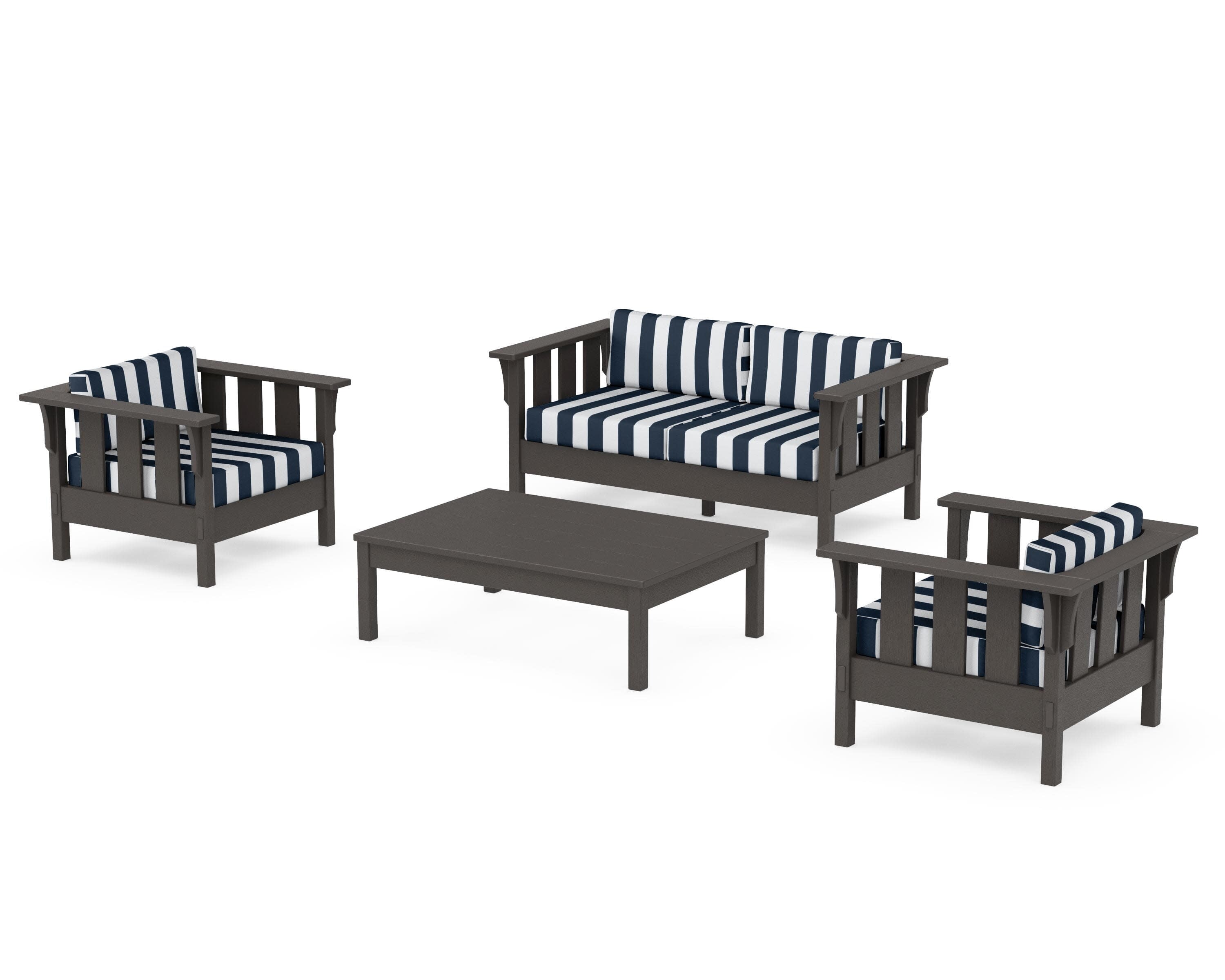 Acadia 4-Piece Deep Seating Set with Loveseat in Vintage Coffee / Cabana Stripe Marine Indigo