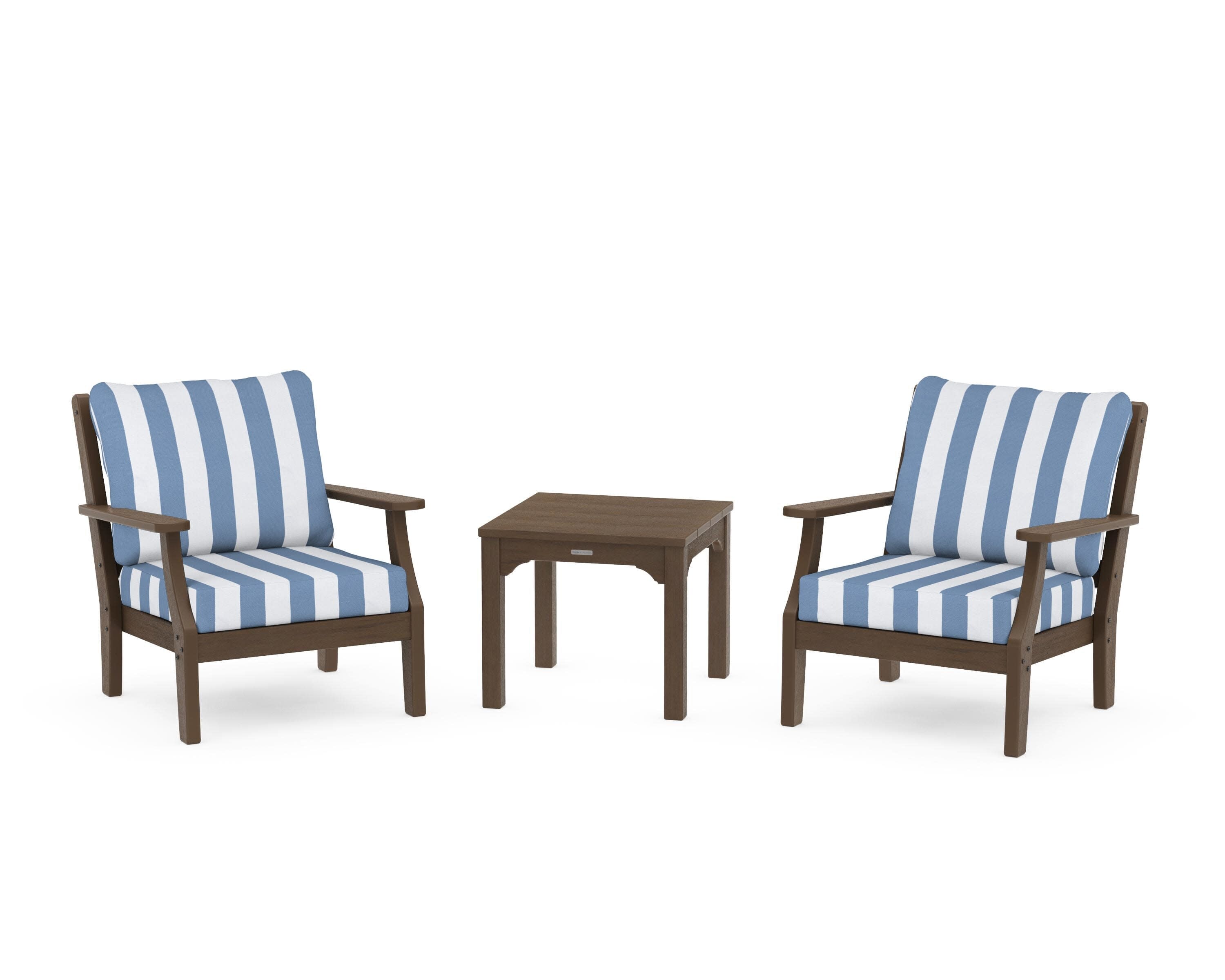 Chinoiserie 3-Piece Deep Seating Set in Kona / Cabana Stripe Sky Blue