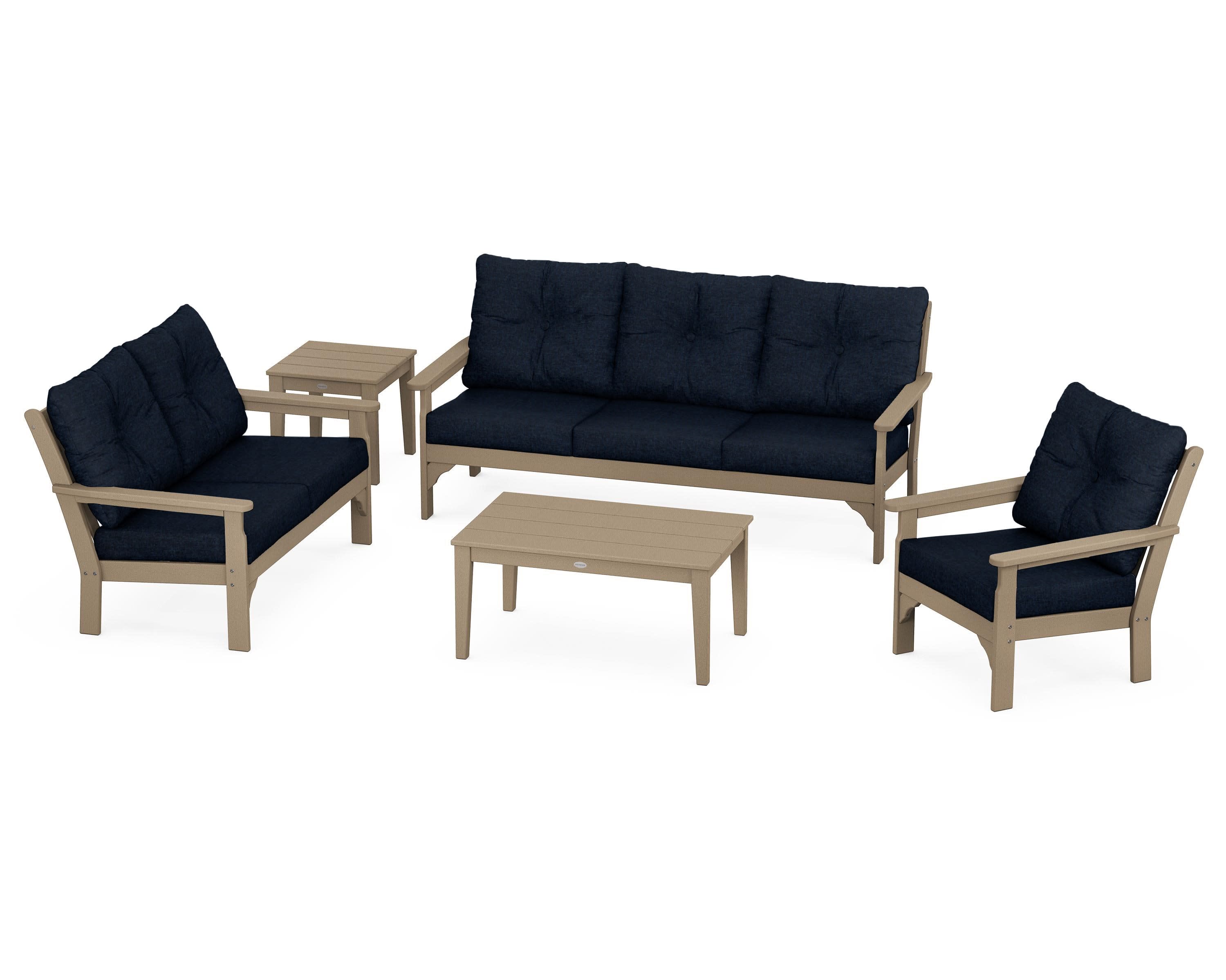 Vineyard 5 Piece Deep Seating Set in Vintage Sahara / Marine Indigo